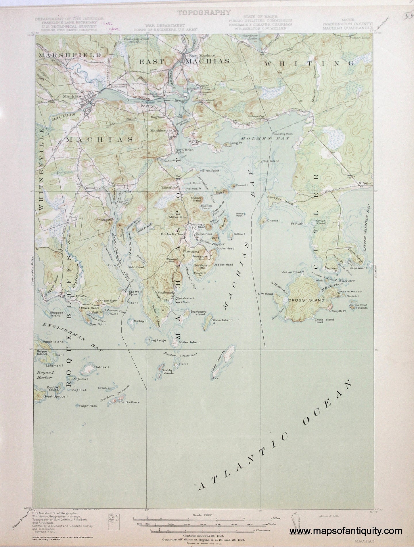 Genuine-Antique-Map-Machias-Maine--1918-US-Geological-Survey--Maps-Of-Antiquity