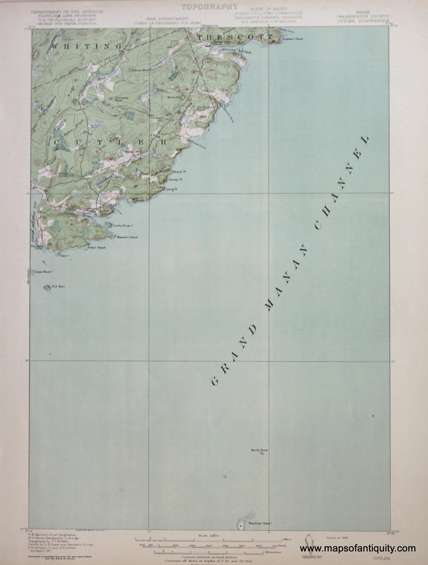 Genuine-Antique-Map-Cutler-Maine--1918-US-Geological-Survey--Maps-Of-Antiquity