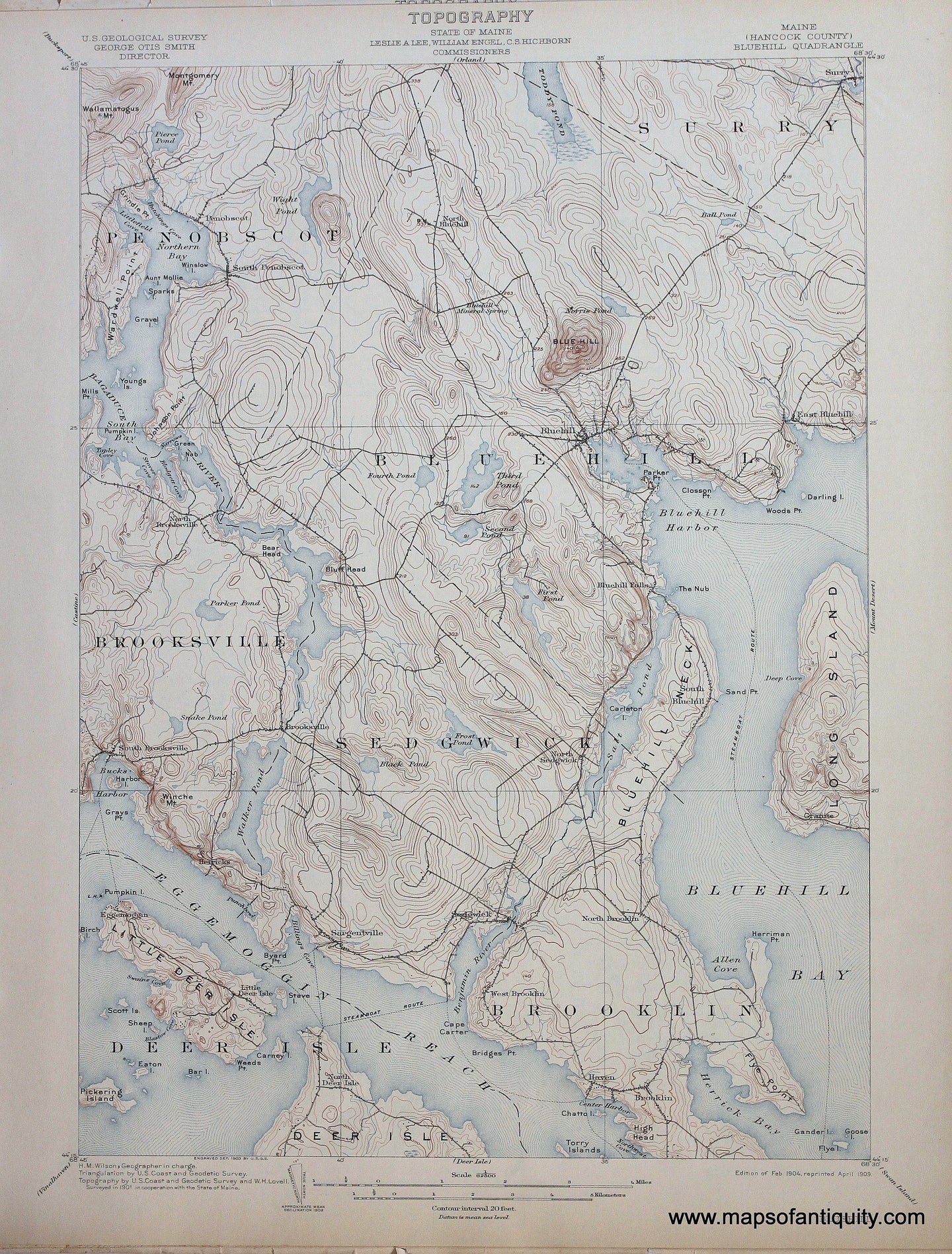 Genuine-Antique-Map-Bluehill-Maine--1909-US-Geological-Survey--Maps-Of-Antiquity