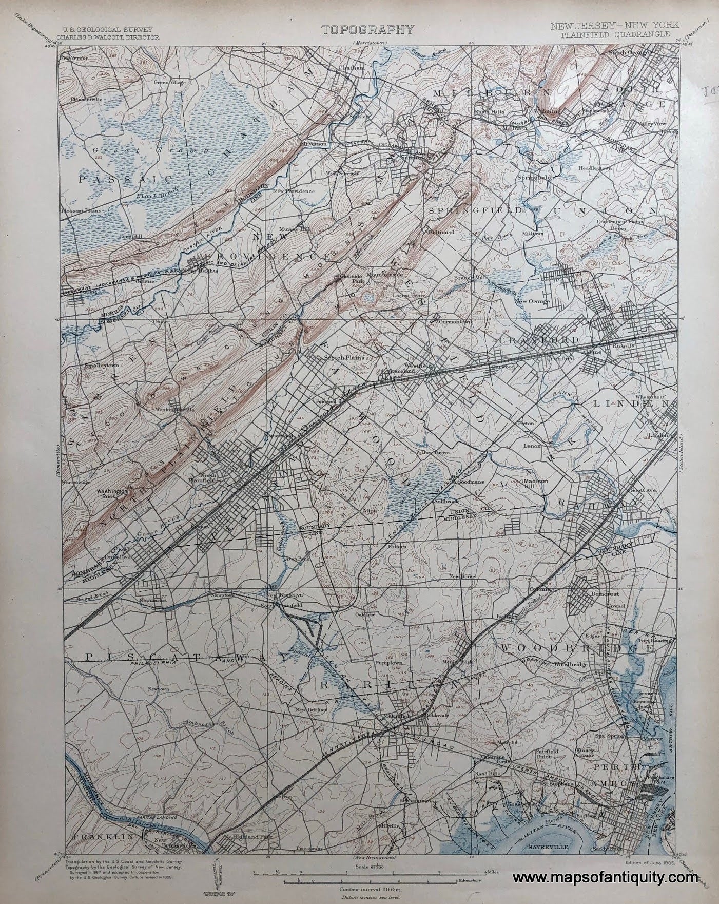 Genuine-Antique-Topographic-map-Plainfield-New-Jersey-Quadrangle-NJ/NY-Antique-Topo-Map---NJ-Antique-Geological-&-Topographical-Maps-New-Jersey-1905-USGS-Maps-Of-Antiquity
