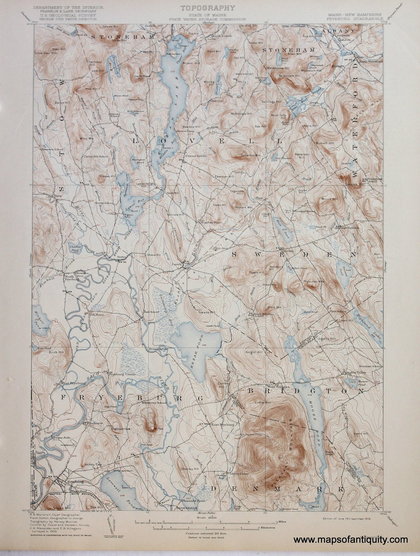 Genuine-Antique-Map-Fryeburg-Maine-New-Hampshire--1916-US-Geological-Survey--Maps-Of-Antiquity