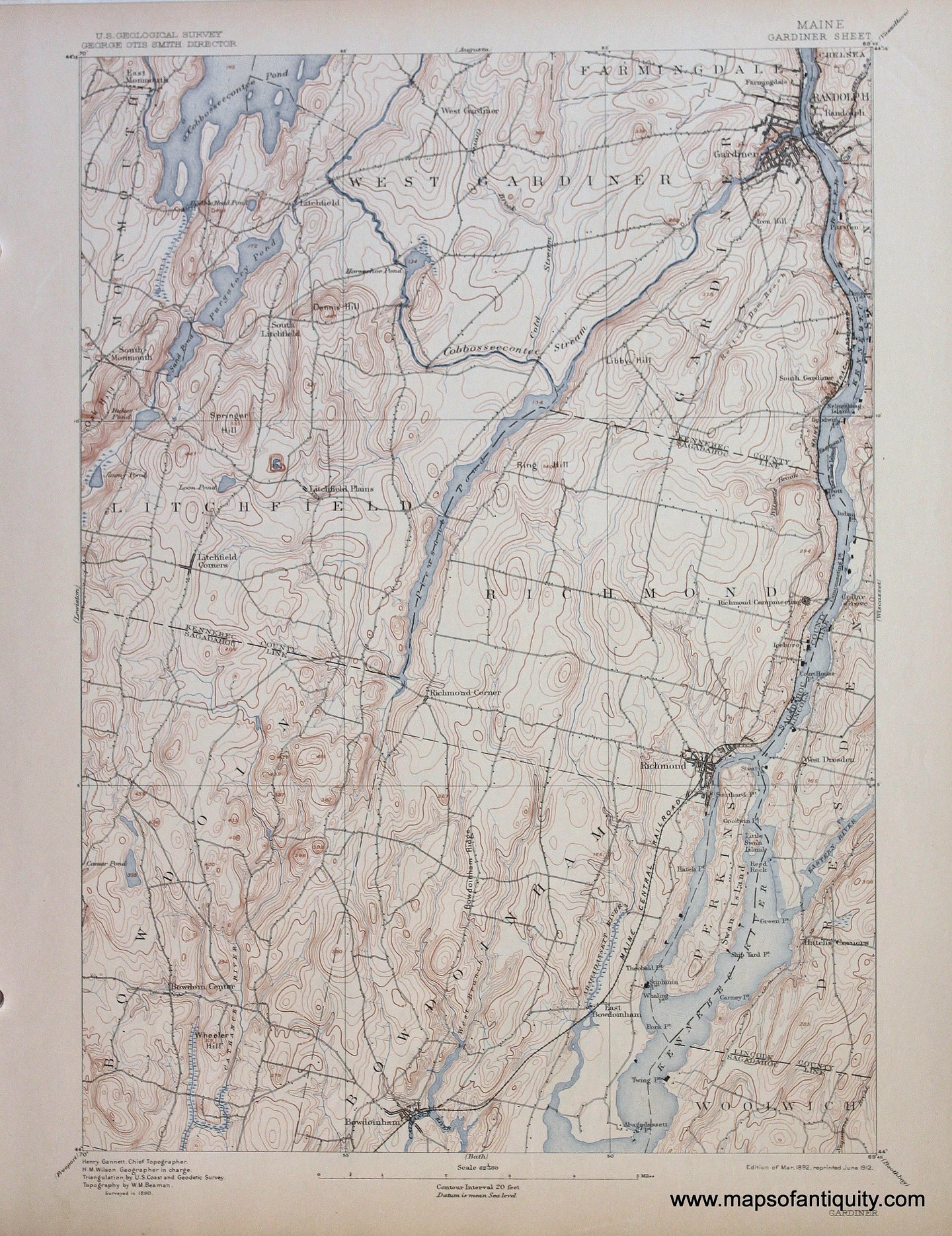 Genuine-Antique-Map-Gardiner-Maine--1912-US-Geological-Survey--Maps-Of-Antiquity