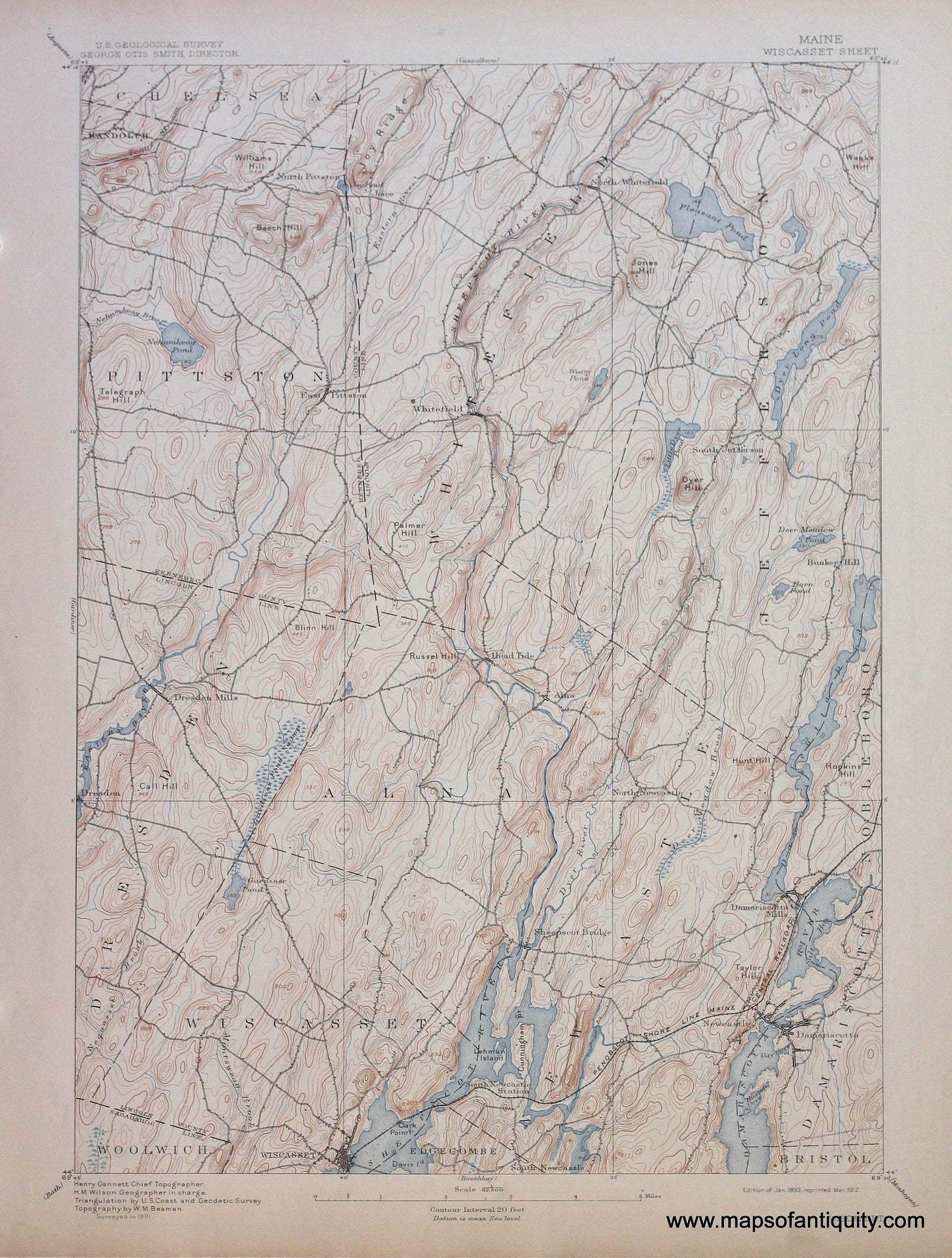 Genuine-Antique-Map-Wiscasset-Maine--1912-US-Geological-Survey--Maps-Of-Antiquity