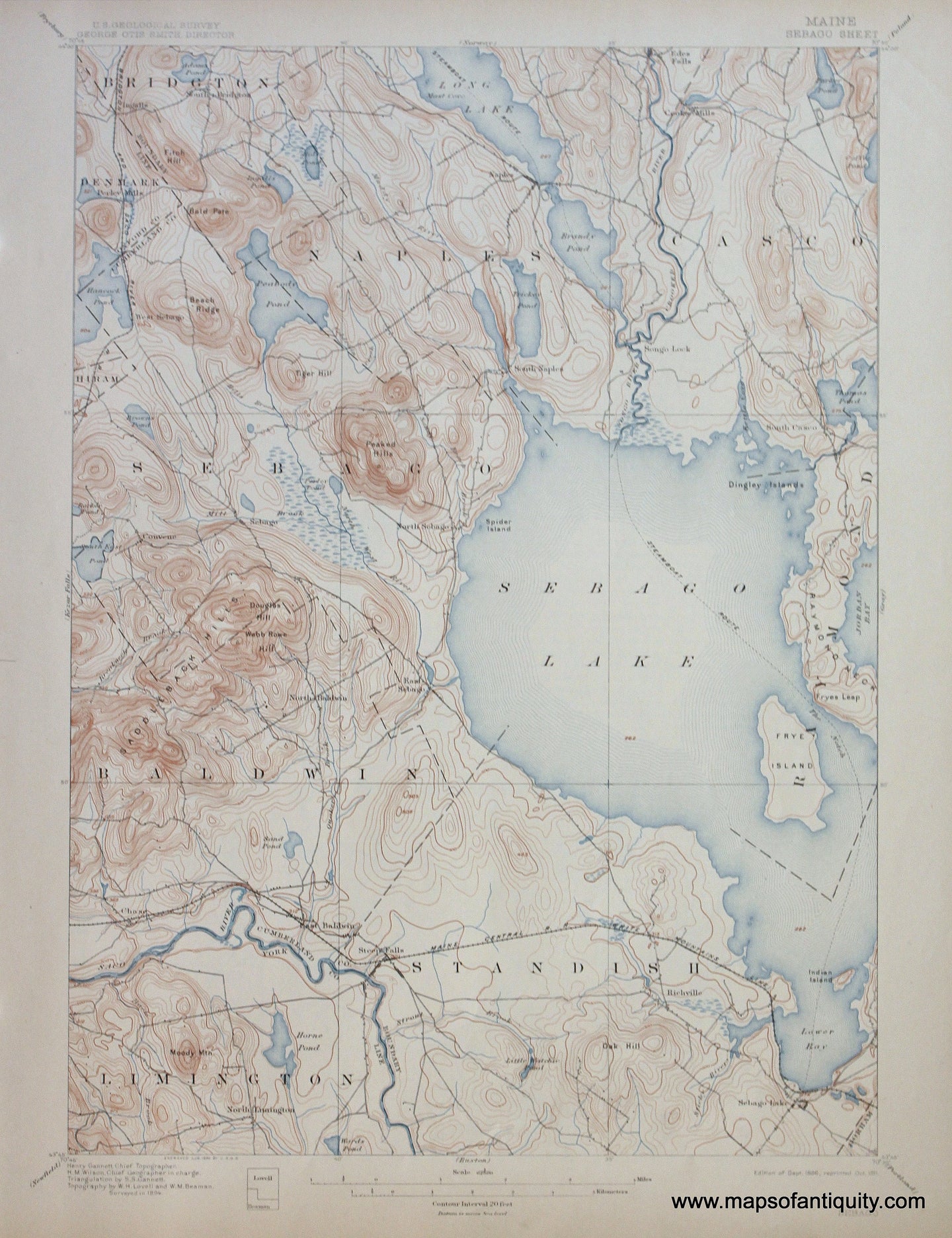Genuine-Antique-Map-Sebago-Maine--1911-US-Geological-Survey--Maps-Of-Antiquity