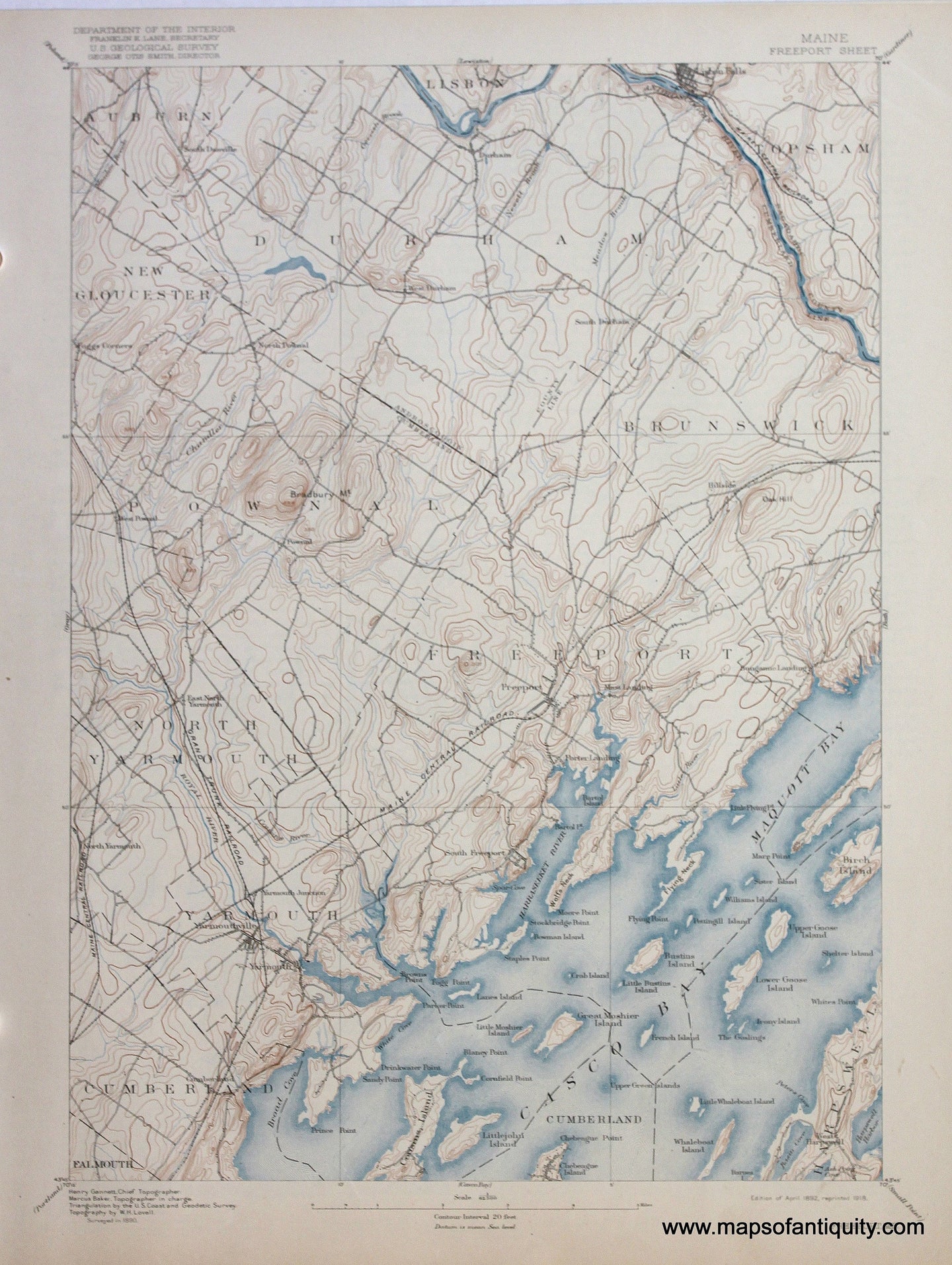 Genuine-Antique-Map-Freeport-Maine--1918-US-Geological-Survey--Maps-Of-Antiquity