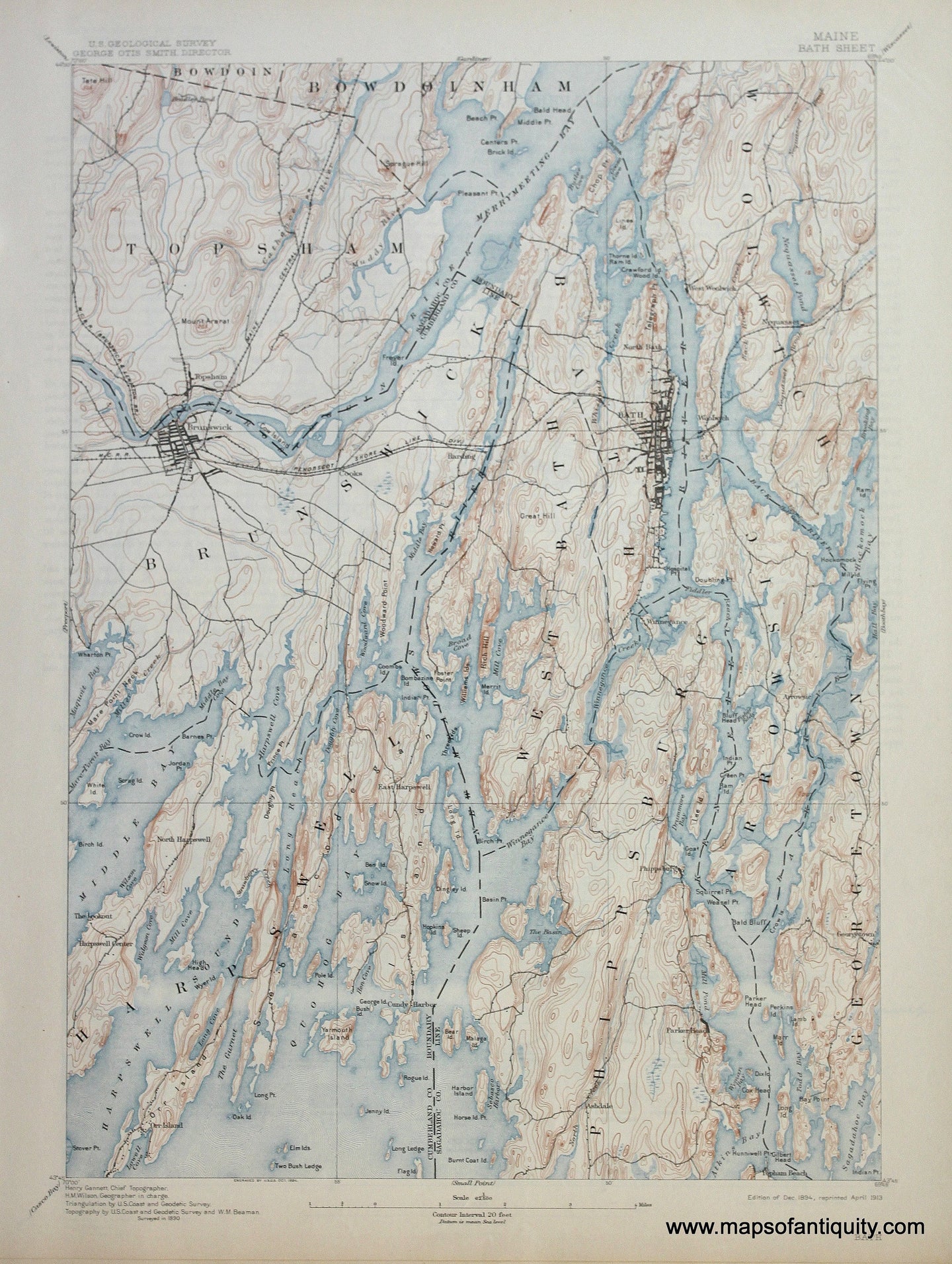Genuine-Antique-Map-Bath-Maine--1913-US-Geological-Survey--Maps-Of-Antiquity