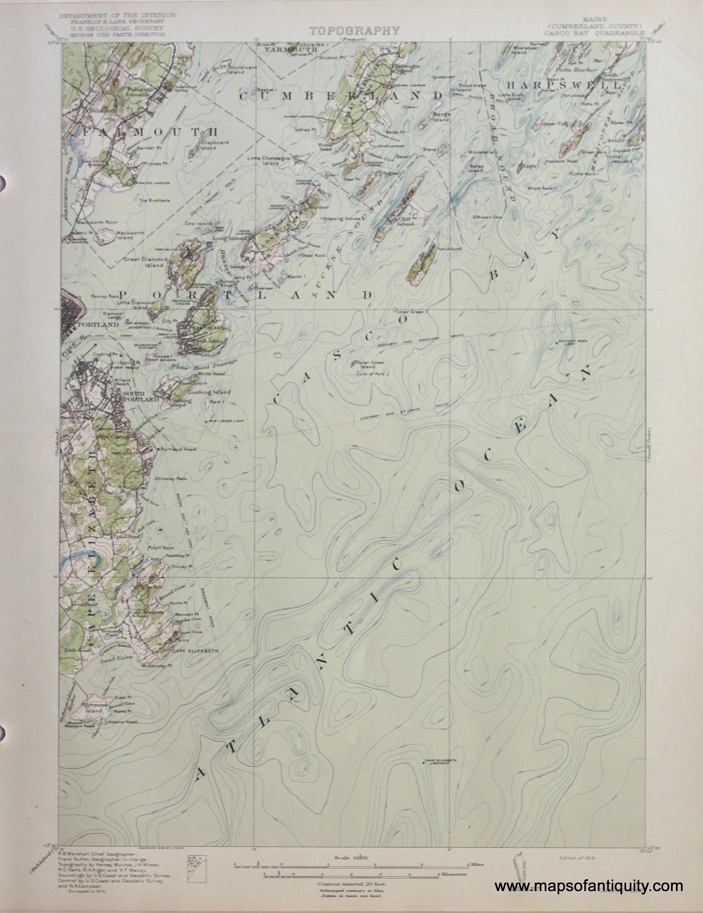 Genuine-Antique-Map-Casco-Bay-Maine--1916-US-Geological-Survey--Maps-Of-Antiquity