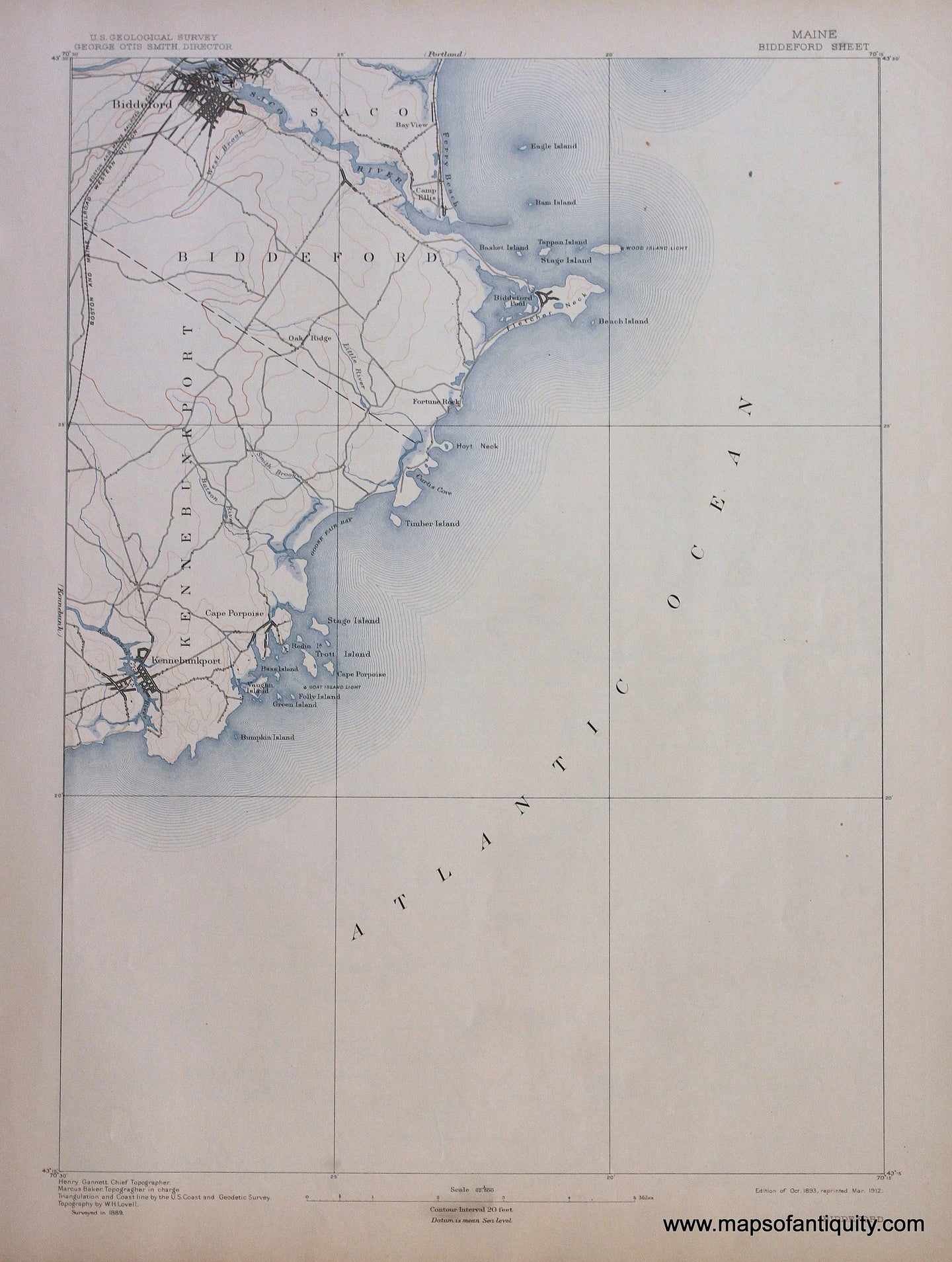 Genuine-Antique-Map-Biddeford-Maine--1912-US-Geological-Survey--Maps-Of-Antiquity