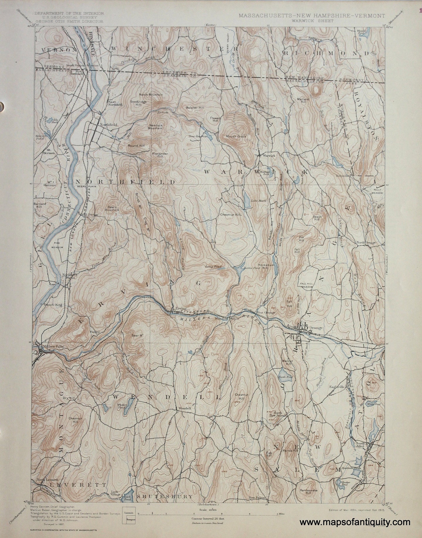 Genuine-Antique-Map-Warwick-Massachusetts-New-Hampshire-Vermont--1915-US-Geological-Survey--Maps-Of-Antiquity