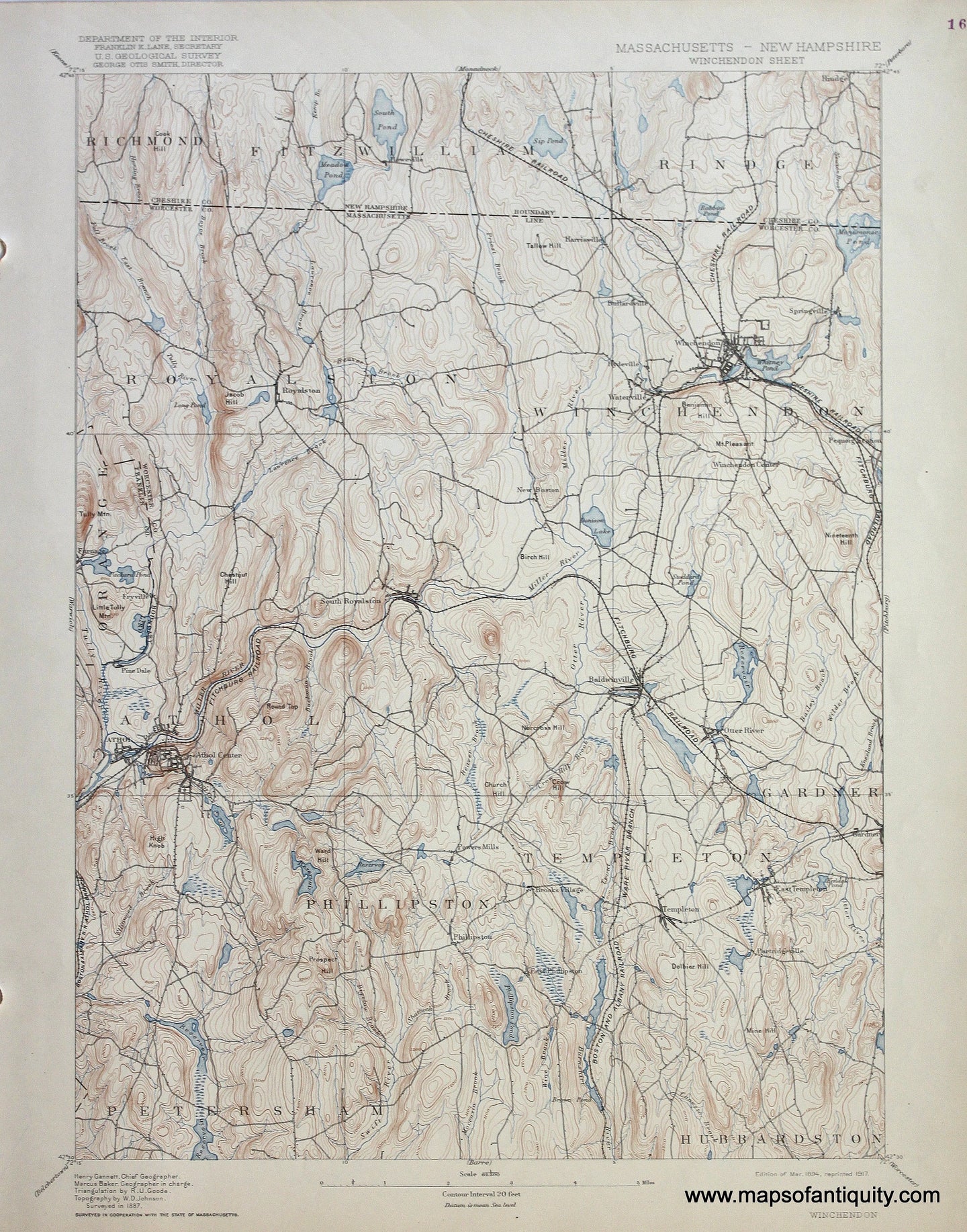 Genuine-Antique-Map-Winchendon-Massachusetts-New-Hampshire--1917-US-Geological-Survey--Maps-Of-Antiquity