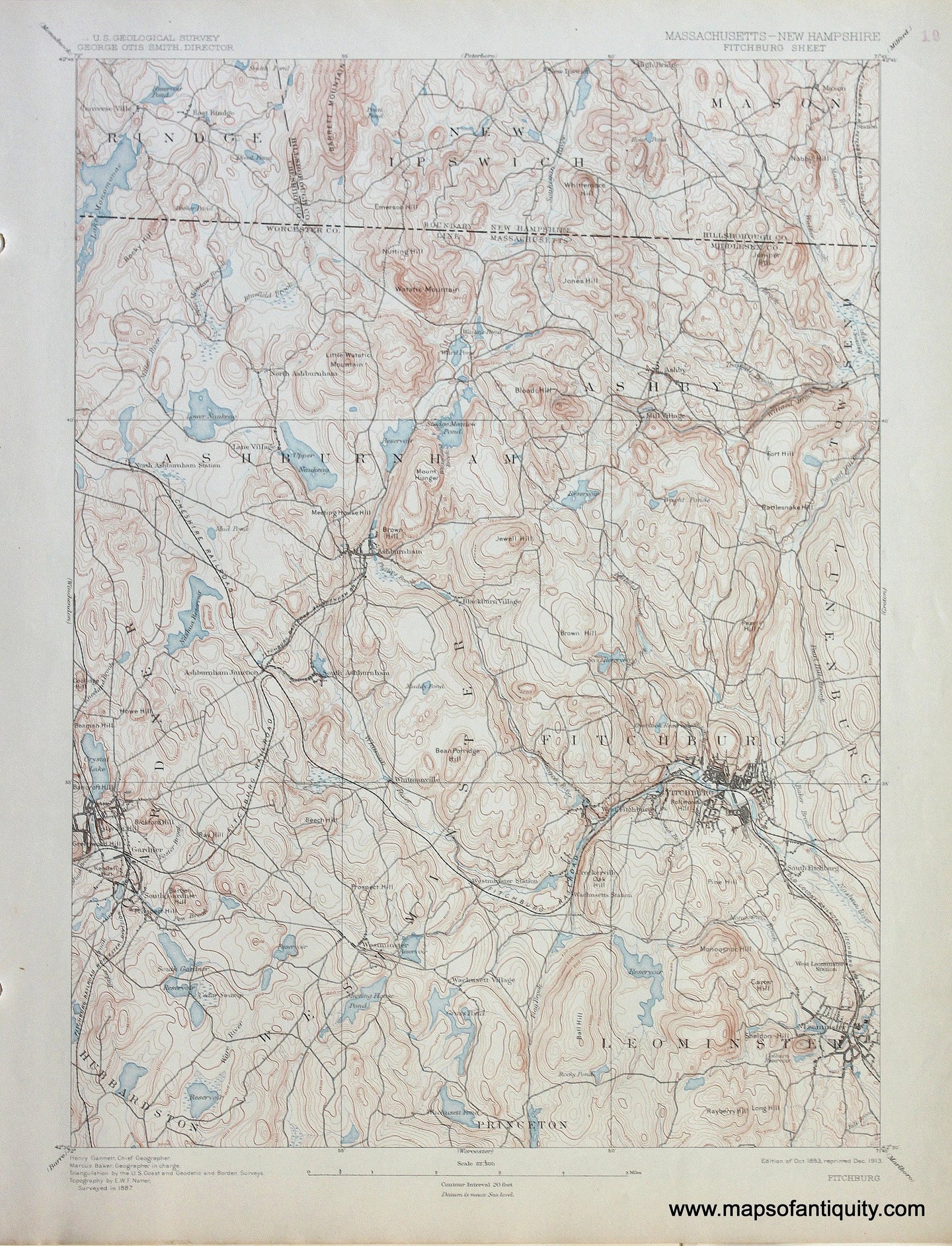 Genuine-Antique-Map-Fitchburg-Massachusetts-New-Hampshire--1913-US-Geological-Survey--Maps-Of-Antiquity