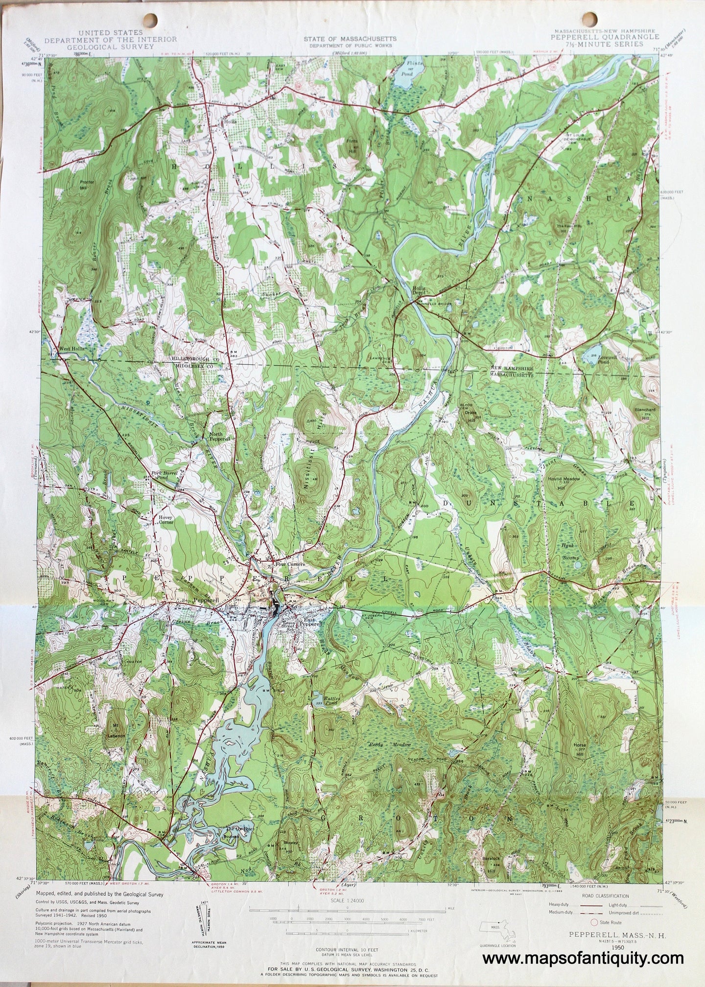 Genuine-Antique-Map-Pepperell-Massachusetts-New-Hampshire--1950-US-Geological-Survey--Maps-Of-Antiquity