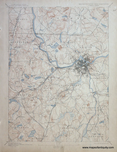 Genuine-Antique-Map-Lowell-Massachusetts-New-Hampshire--1912-US-Geological-Survey--Maps-Of-Antiquity