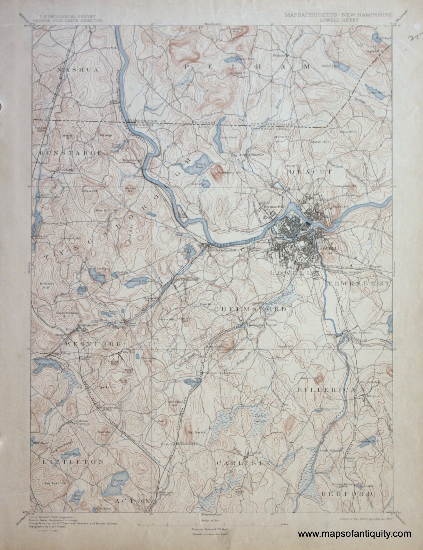 Genuine-Antique-Map-Lowell-Massachusetts-New-Hampshire--1912-US-Geological-Survey--Maps-Of-Antiquity