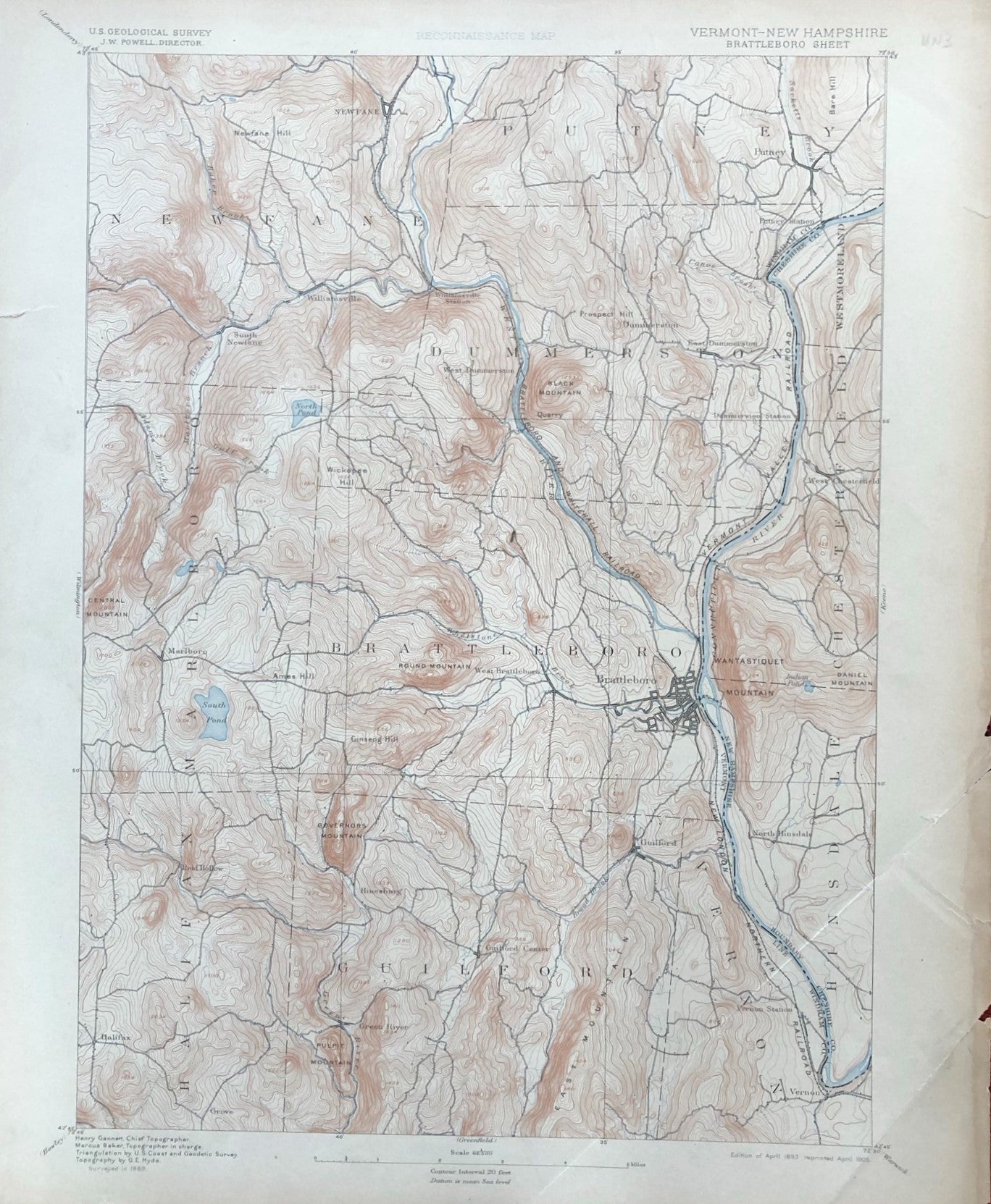 Genuine-Antique-Topographic-map-Brattleboro-Vermont-New-Hampshire-VT/NH-Antique-Top-Map-Antique-Geological-&-Topographical-Maps-Vermont-1905-USGS-Maps-Of-Antiquity-1800s-19th-century