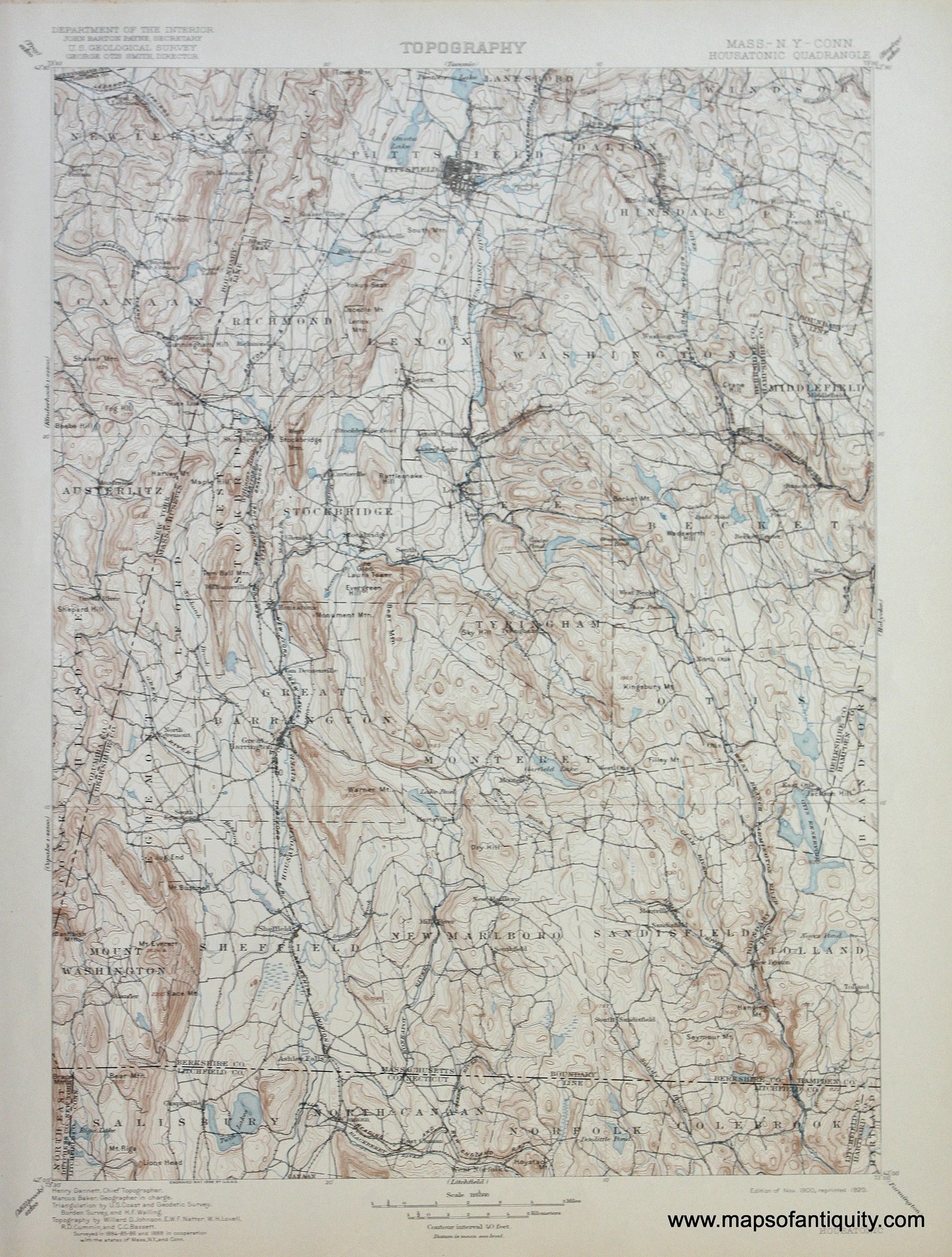 Genuine-Antique-Map-Housatonic-Massachusetts-New-York-Connecticut--1920-US-Geological-Survey--Maps-Of-Antiquity