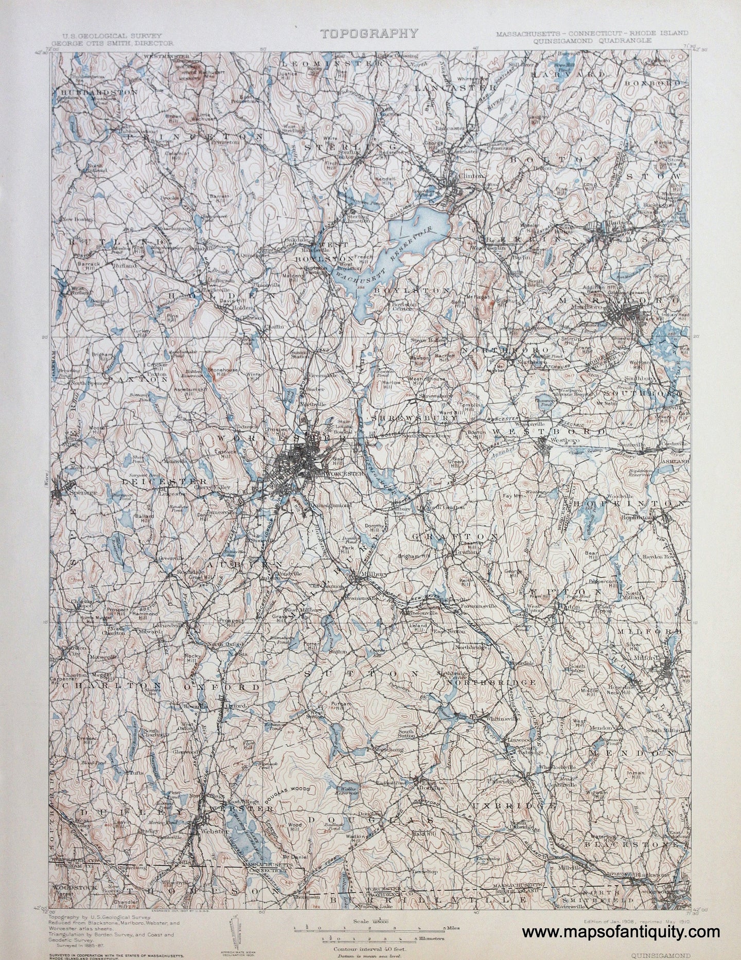 Genuine-Antique-Map-Quinsigamond-Massachusetts-Connecticut-Rhode-Island--1910-US-Geological-Survey--Maps-Of-Antiquity