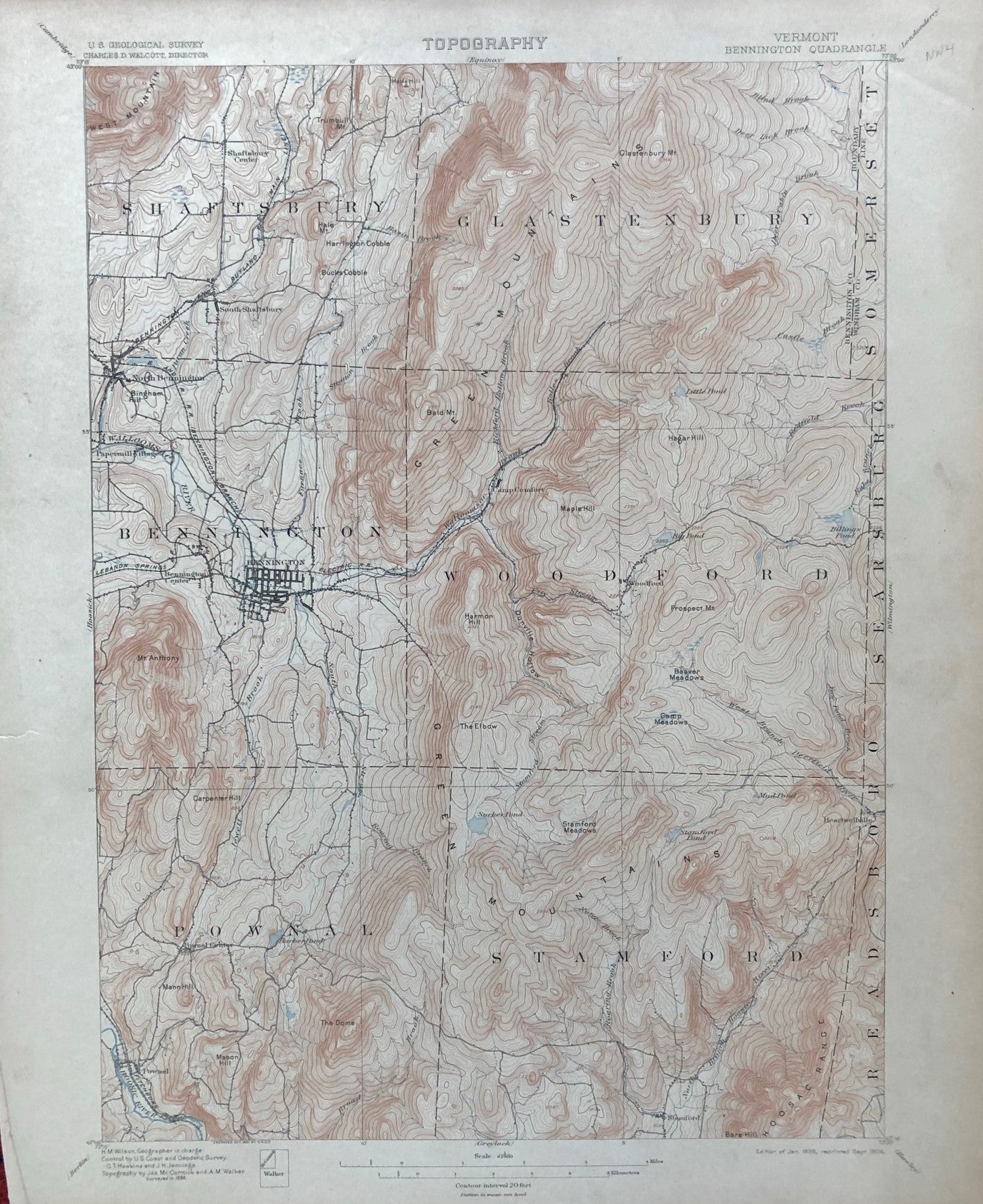 Genuine-Antique-Topographic-map-Bennington-Vermont-Quadrangle-VT-Antique-Topo-Map-Antique-Geological-&-Topographical-Maps-Vermont-1906-USGS-Maps-Of-Antiquity-1800s-19th-century