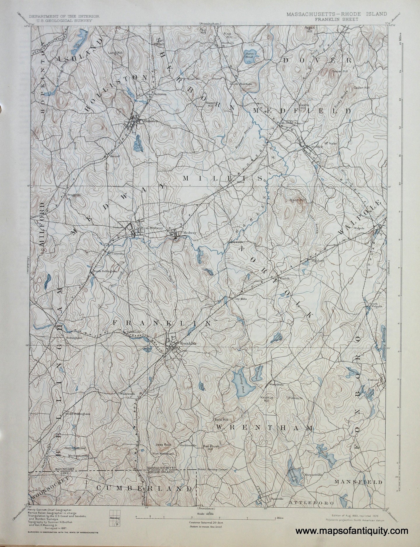 Genuine-Antique-Map-Franklin-Massachusetts-Rhode-Island--1928-US-Geological-Survey--Maps-Of-Antiquity