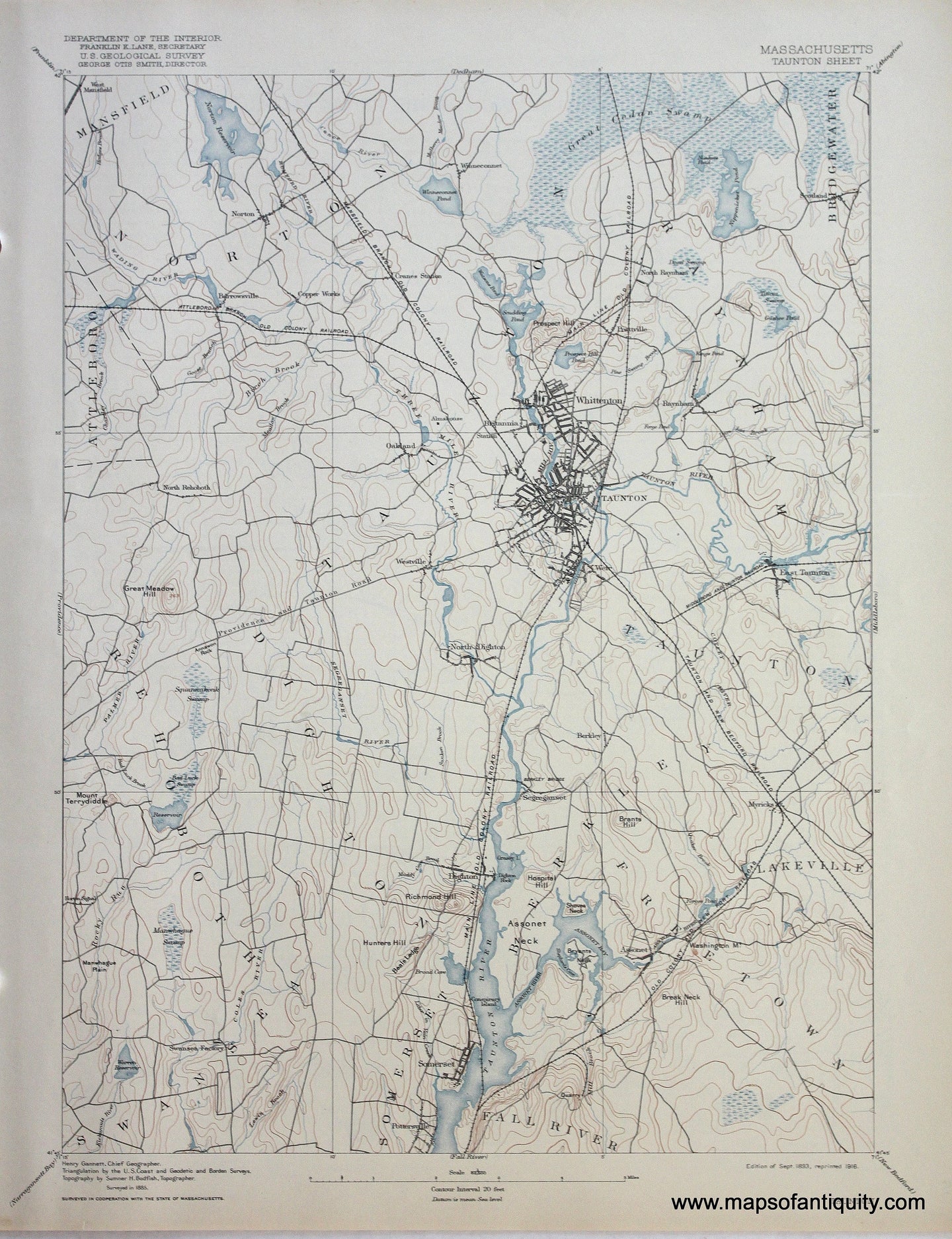 Genuine-Antique-Map-Taunton-Massachusetts--1916-US-Geological-Survey--Maps-Of-Antiquity