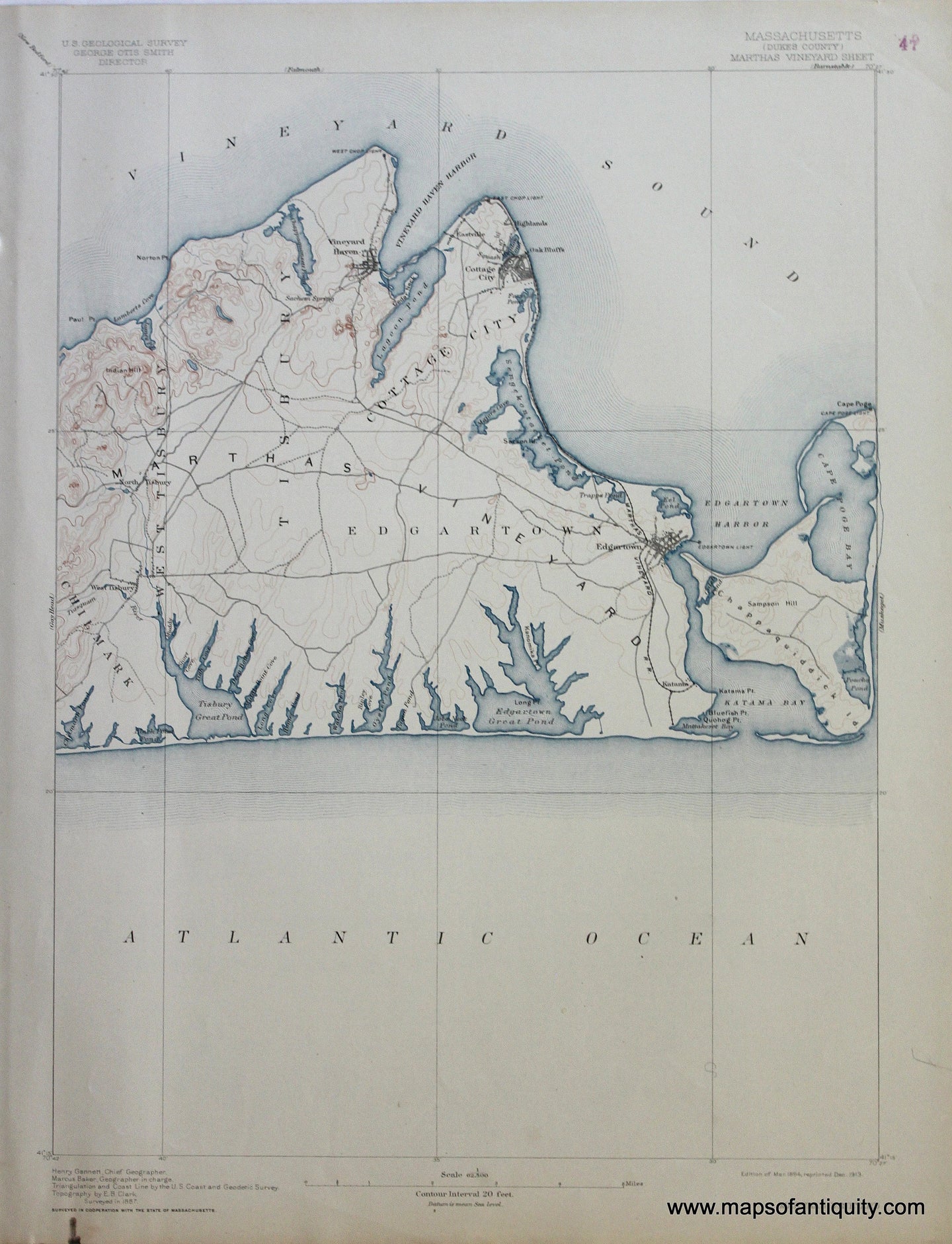 Genuine-Antique-Map-Marthas-Vineyard-Massachusetts--1913-US-Geological-Survey--Maps-Of-Antiquity