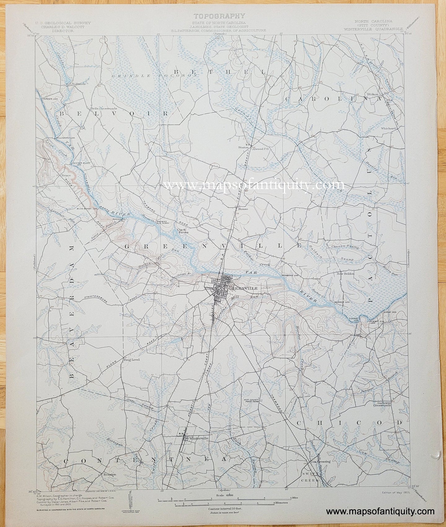 Genuine-Antique-Topographic-Map-North-Carolina-(Pitt-County)-Winterville-Quadrangle-1905-US-Geological-Survey-Maps-Of-Antiquity