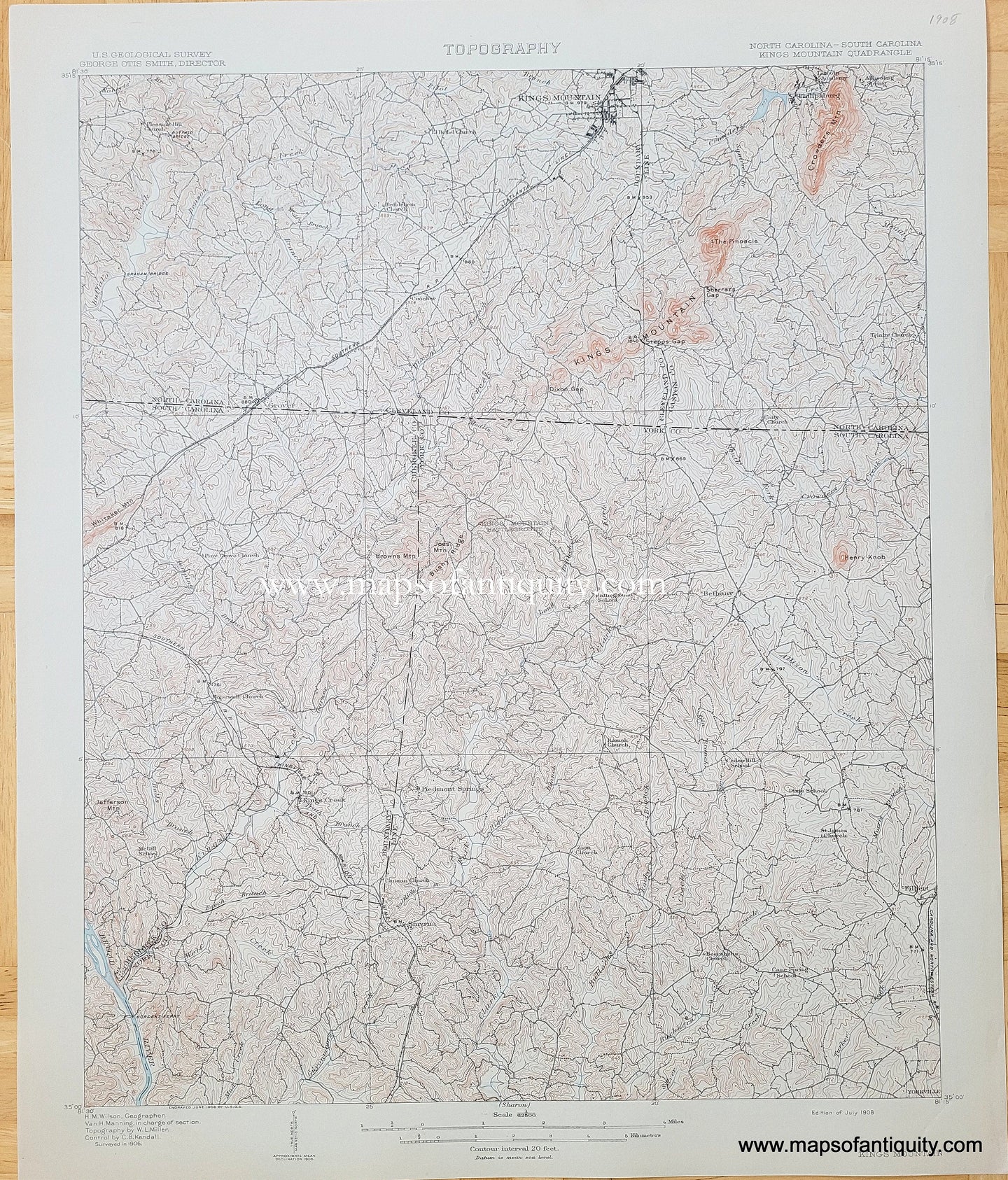 Genuine-Antique-Topographic-Map-North-Carolina-South-Carolina-Kings-Mountain-Quadrangle-1908-US-Geological-Survey-Maps-Of-Antiquity