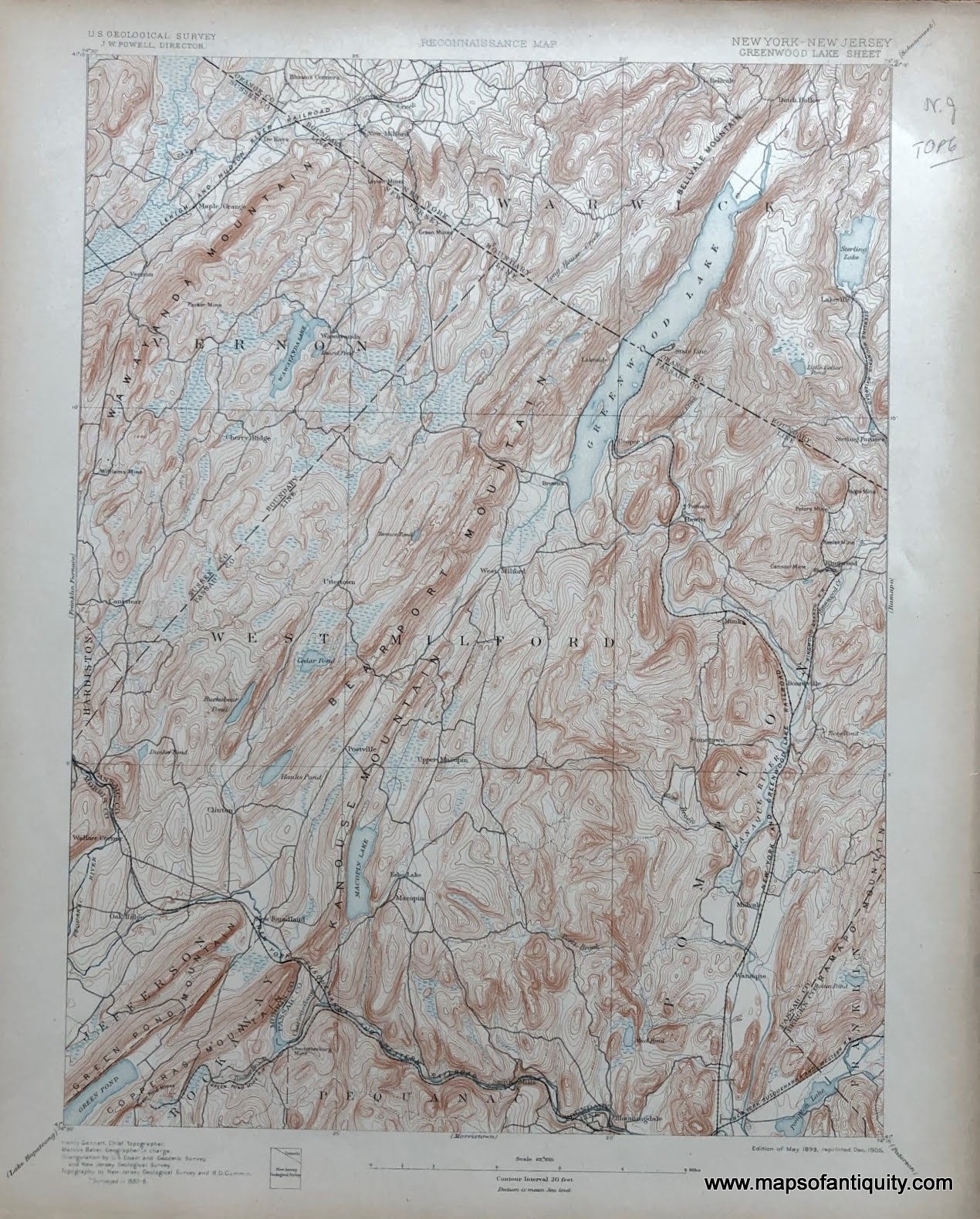 Genuine-Antique-Topographic-map-Greenwood-Lake-New-Jersey-Antique-Topo-Map---NJ-Antique-Geological-&-Topographical-Maps-New-Jersey-1905-USGS-Maps-Of-Antiquity