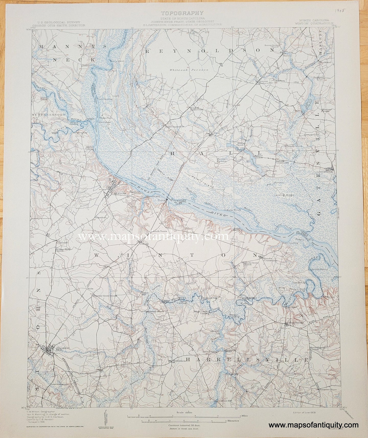 Genuine-Antique-Topographic-Map-North-Carolina-Winton-Quadrangle-1908-US-Geological-Survey-Maps-Of-Antiquity