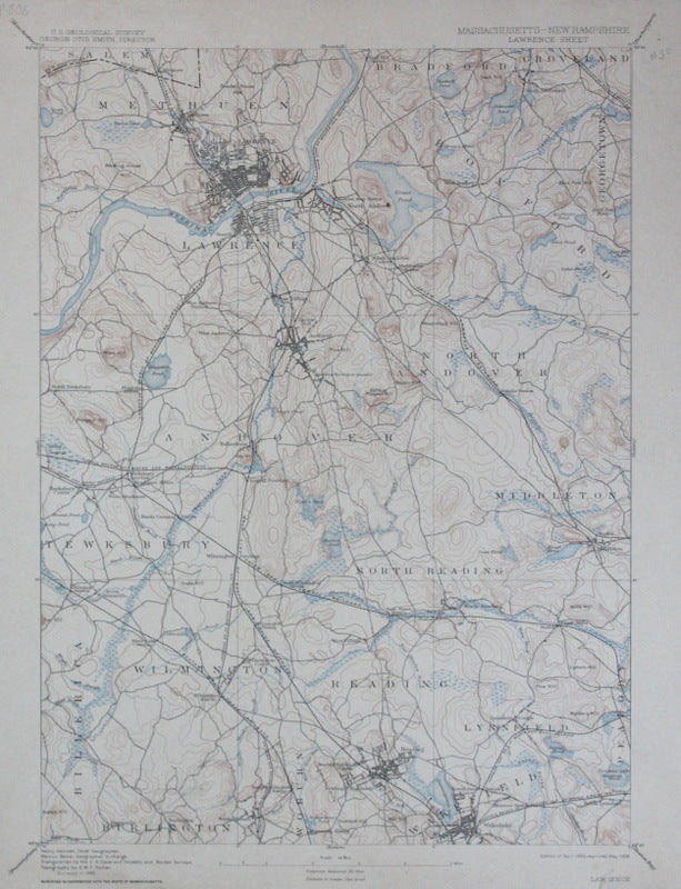 Genuine-Antique-Topographic-Map-Lawrence-Massachusetts-New-Hampshire--Massachusetts-New-Hampshire--1908-U-S-Geological-Survey--Maps-Of-Antiquity