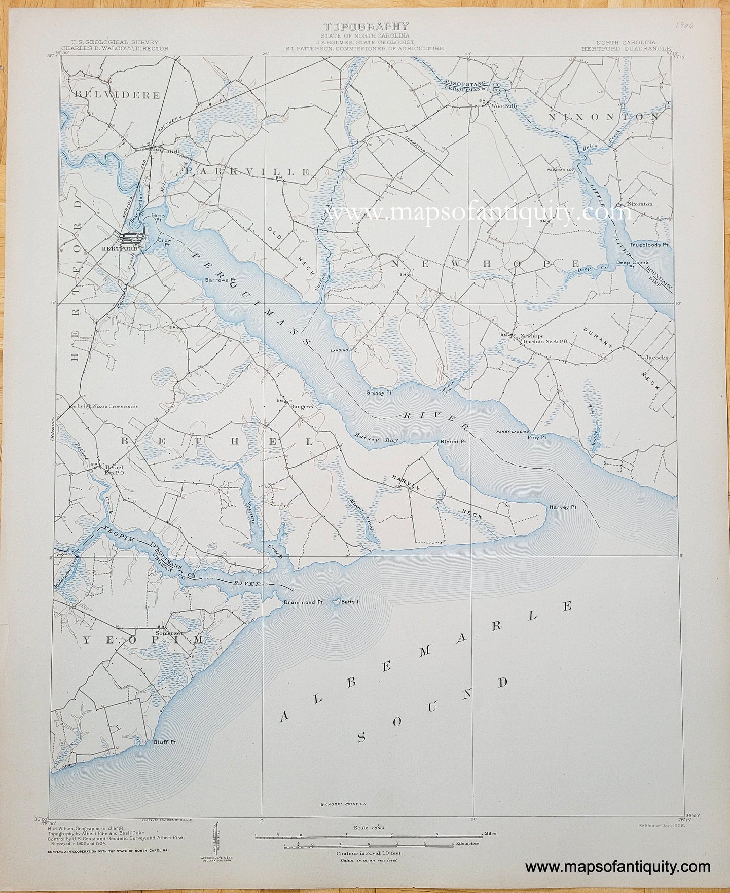 Genuine-Antique-Topographic-Map-North-Carolina-Hertford-Quadrangle-1906-US-Geological-Survey-Maps-Of-Antiquity