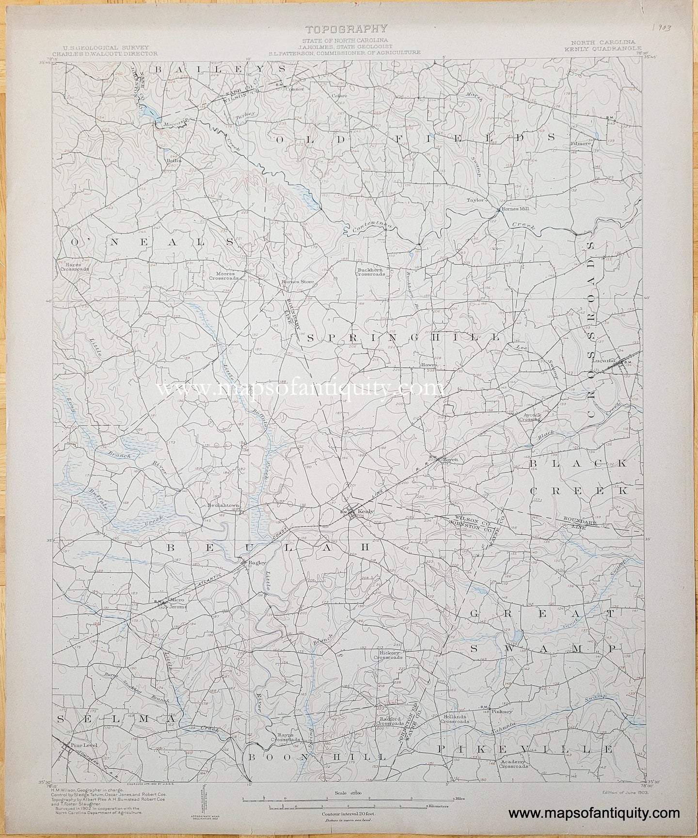 Genuine-Antique-Topographic-Map-North-Carolina-Kenly-Quadrangle-1903-US-Geological-Survey-Maps-Of-Antiquity