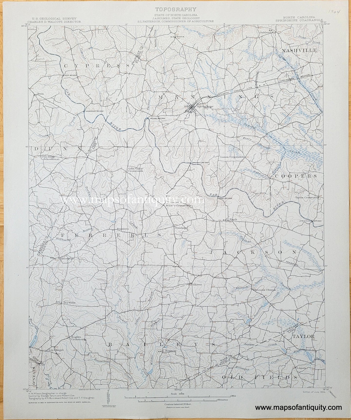 Genuine-Antique-Topographic-Map-North-Carolina-Springhope-Quadrangle-1904-US-Geological-Survey-Maps-Of-Antiquity