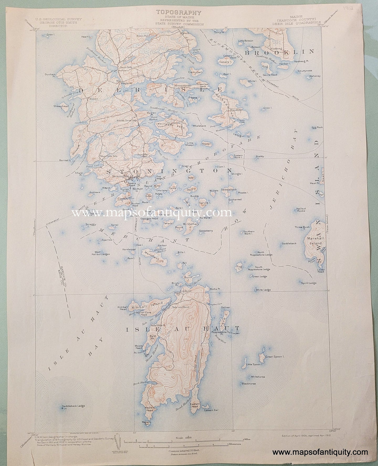 Genuine-Antique-Topographic-Map-Maine-(Hancock-County)-Deer-Isle-Quadrangle-1912-US-Geological-Survey-Maps-Of-Antiquity