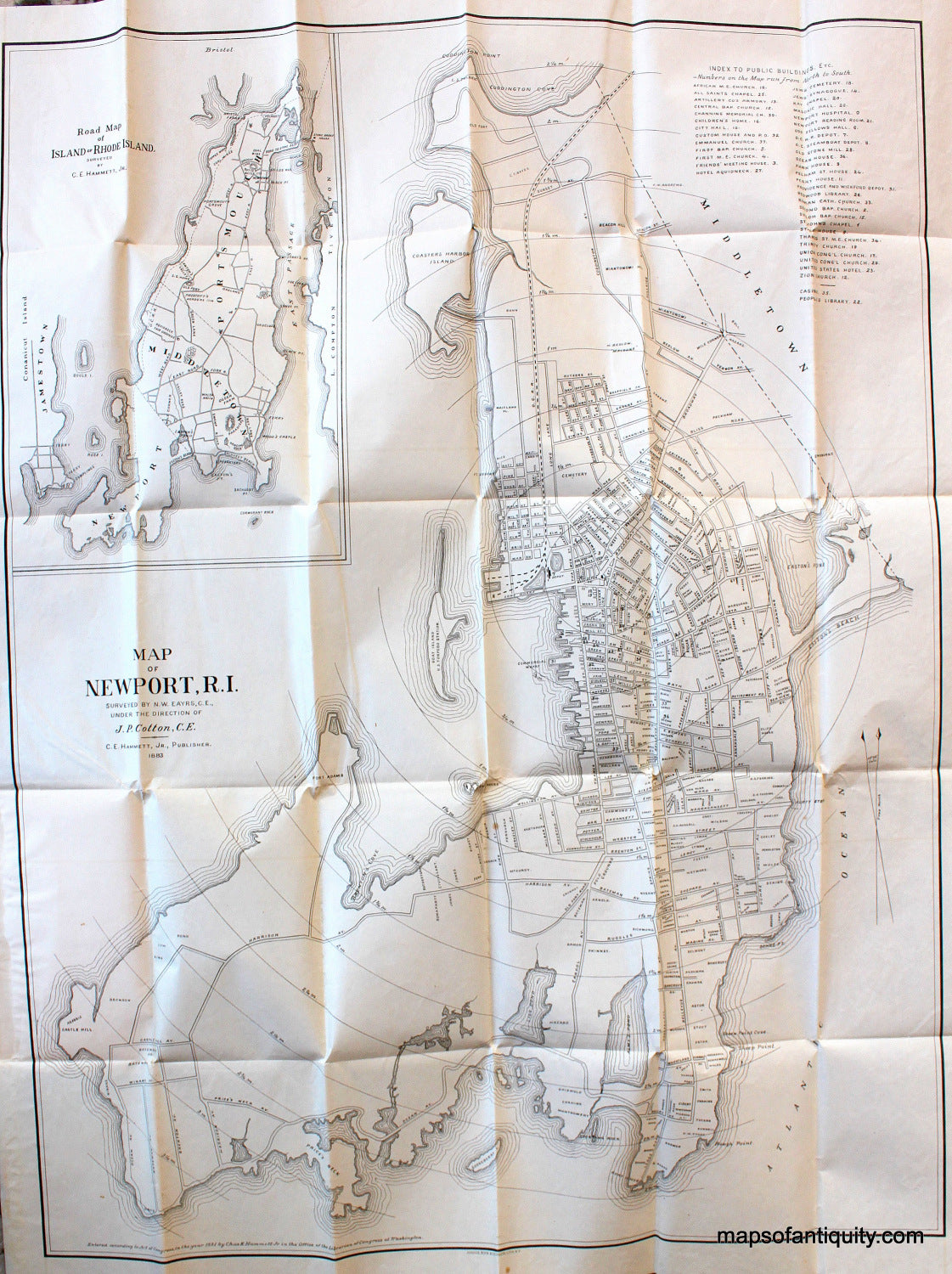 Black-and-White-Antique-Folding-Pocket-Map-with-cover-Pocket-Map-of-the-City-of-Newport-and-Road-Map-of-the-Island-of-Rhode-Island-with-table-of-Distances-Heights-of-Land-Street-Index-and-Short-Trip-Guide-to-Newport..-**********-Towns-and-Cities-United-States-1883-Eayrs-and-Cotton-for-Hammett-Bien-Maps-Of-Antiquity