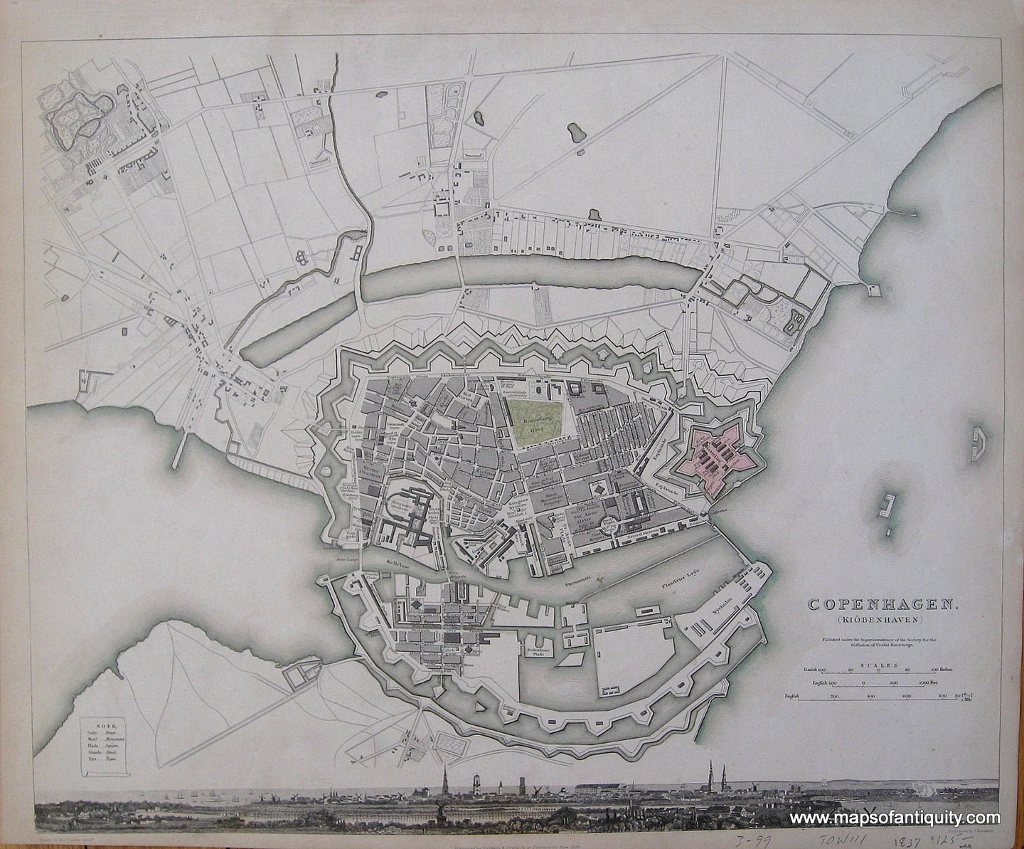 Hand-Colored-Engraved-Antique-City-Plan-Copenhagen.-(Kiobenhaven)**********-Europe-Scandinavia-1837-SDUK/Society-for-the-Diffusion-of-Useful-Knowledge-Maps-Of-Antiquity