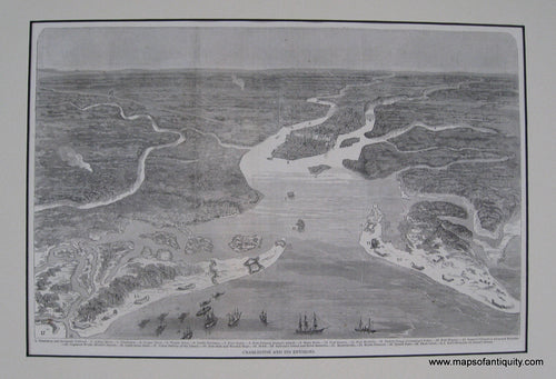 Black-and-White-Antique-Bird's-Eye-City-View-Charleston-and-Its-Environs.-**********-Charleston-Civil-War-1863-Harper's-Weekly-Maps-Of-Antiquity
