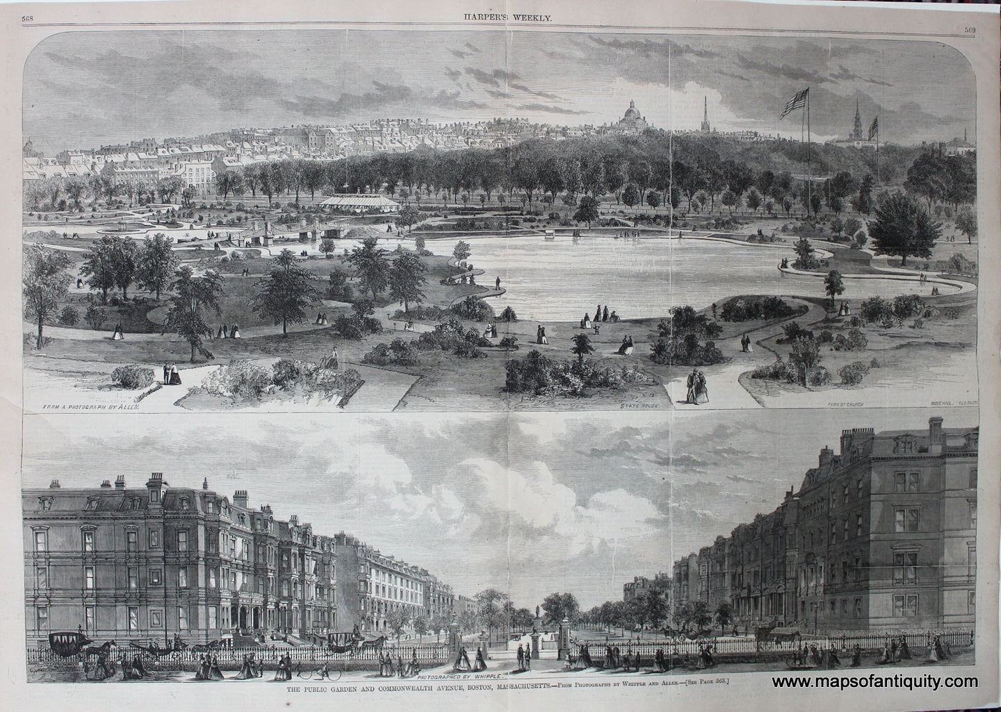 Antique-Black-and-White-Antique-City-Views-The-Public-Garden-and-Commonwealth-Avenue-Boston-Massachusetts.-**********---1867-Harper's-Weekly-Maps-Of-Antiquity