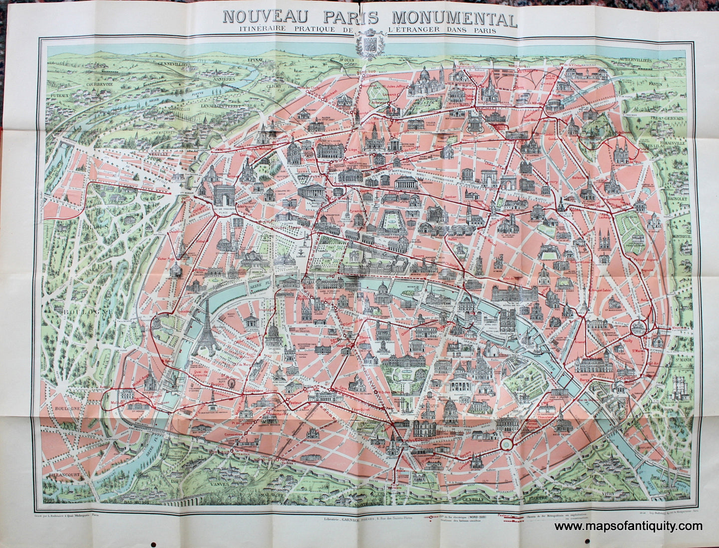 Antique-Folding-Map-in-Booklet-Cover-Nouveau-Paris-Monumental-Itineraire-Practique-de-L'Etranger-dans-Paris-avec-le-Parcours-du-Metropolitain**********---1918-Librarie-Garnier-Freres-Maps-Of-Antiquity