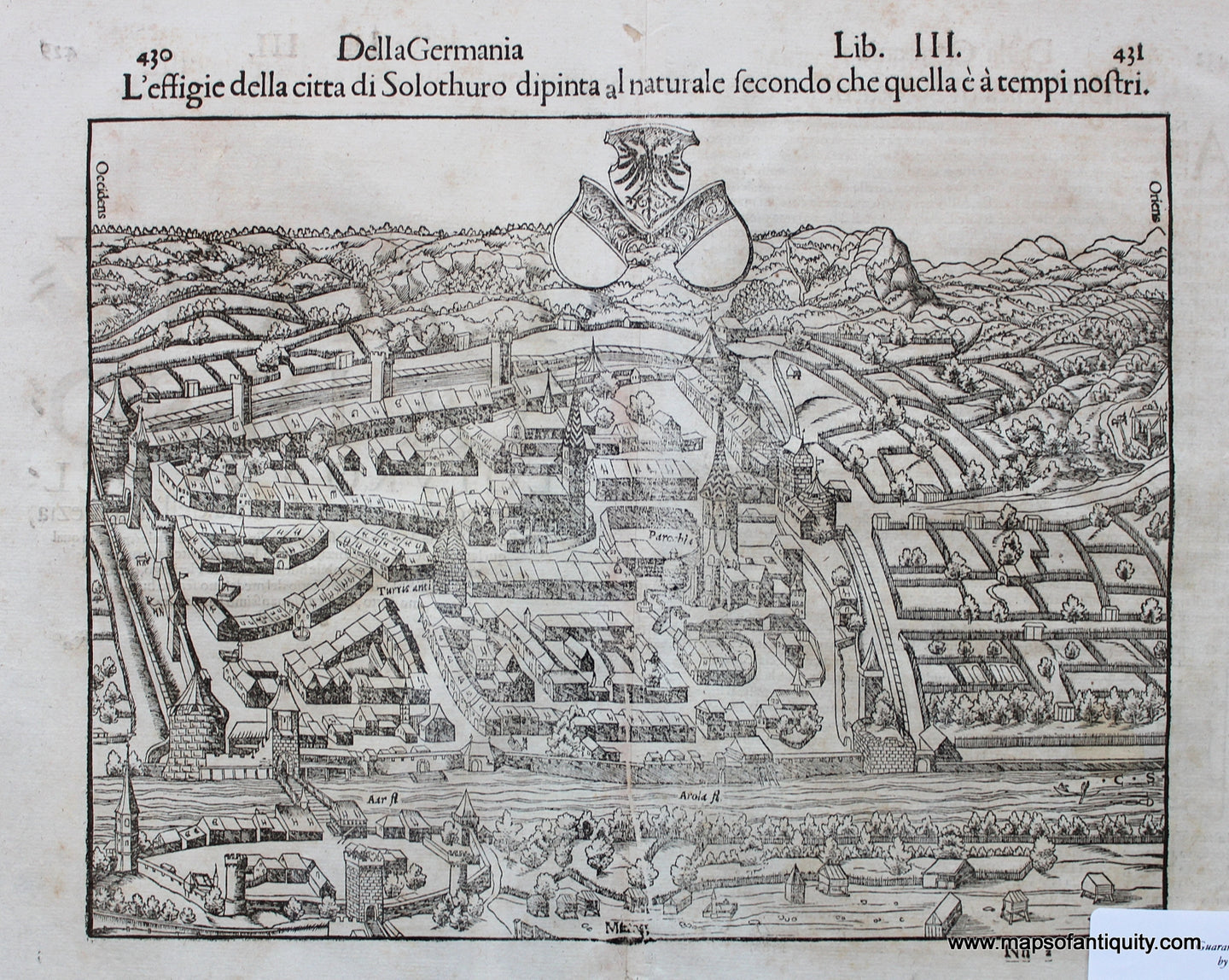 Antique-Engraved-City-Plan-Della-Germania-L'effigie-della-citta-di-Solothuro-dipinta-al-naturale-secondo-che-quella-e-a-tempi-nostri.-Germany-Towns-and-Cities-1575--Maps-Of-Antiquity