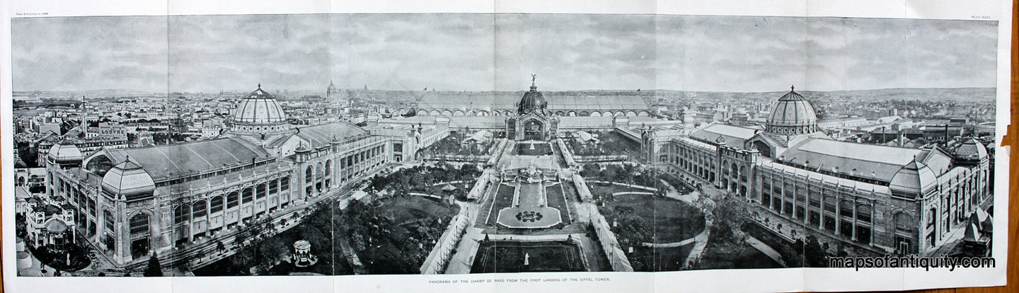 Black-and-White-Antique-City-View-Panorama-of-the-Champ-de-Mars-from-the-First-Landing-of-the-Eiffel-Tower.-**********-Towns-and-Cities--Paris-1889-Paris-Exposition-of-1889-Maps-Of-Antiquity