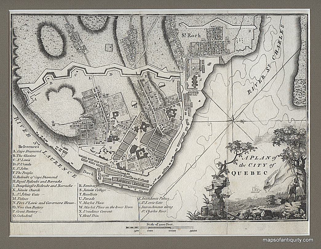 Black-and-White-Engraved-Antique-Map-A-Plan-of-the-City-of-Quebec-**********-North-America-Canada-1795-Stockdale/Weld-Maps-Of-Antiquity