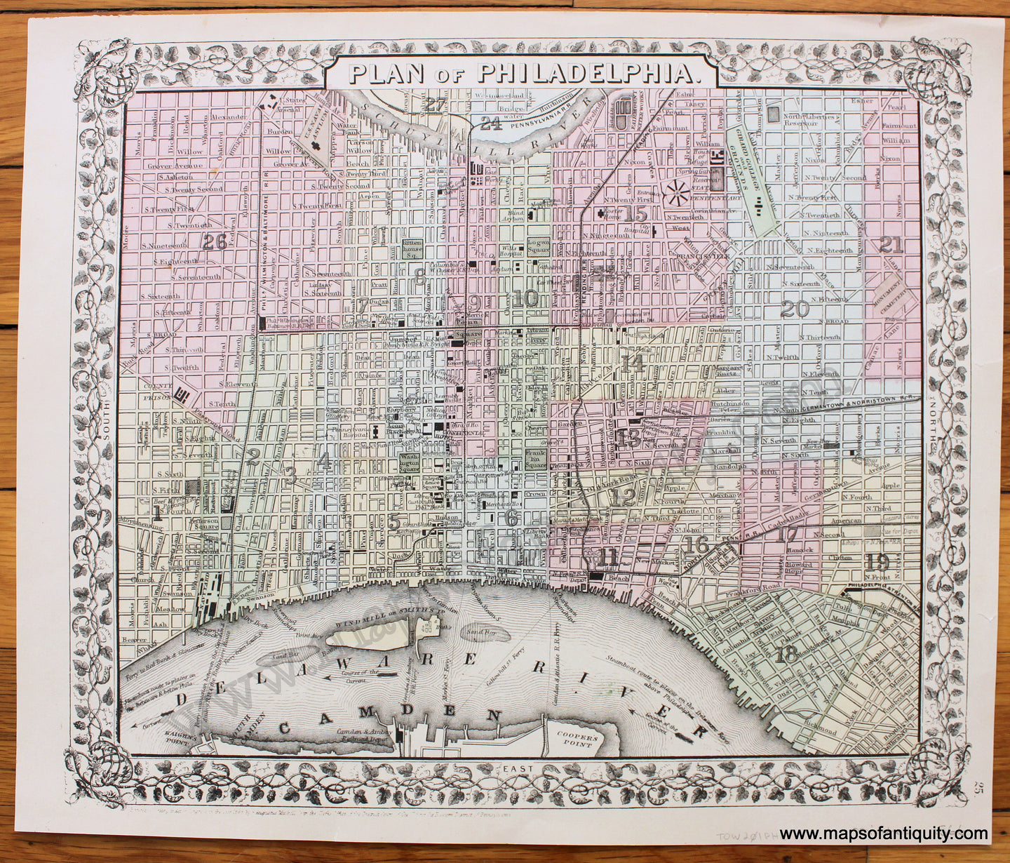 Antique-Map-Plan-of-Philadelphia-City-Cities-Pennsylvania-Mitchell-1860s-1800s-Mid-Late-19th-Century-Maps-of-Antiquity