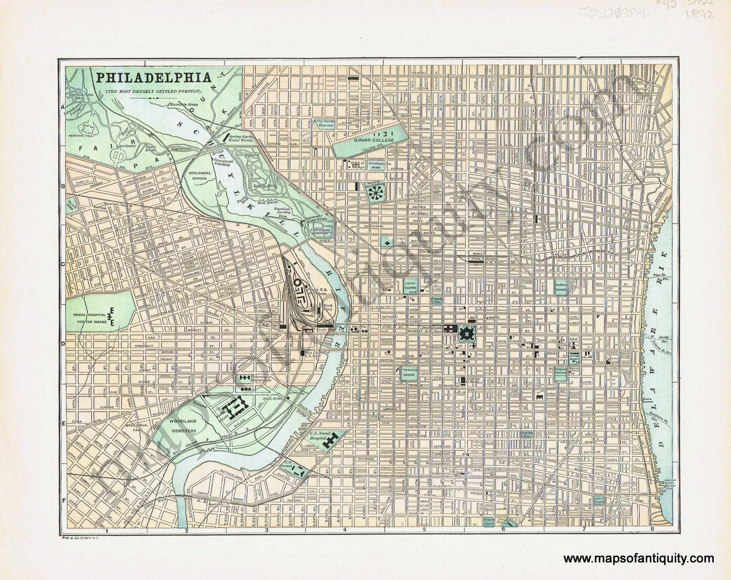Antique-Printed-Color-Map-Philadelphia-(The-Most-Densely-Settled-Portion).--**********-Towns-and-Cities-Philadelphia-1892-Hunt-&-Eaton-Maps-Of-Antiquity
