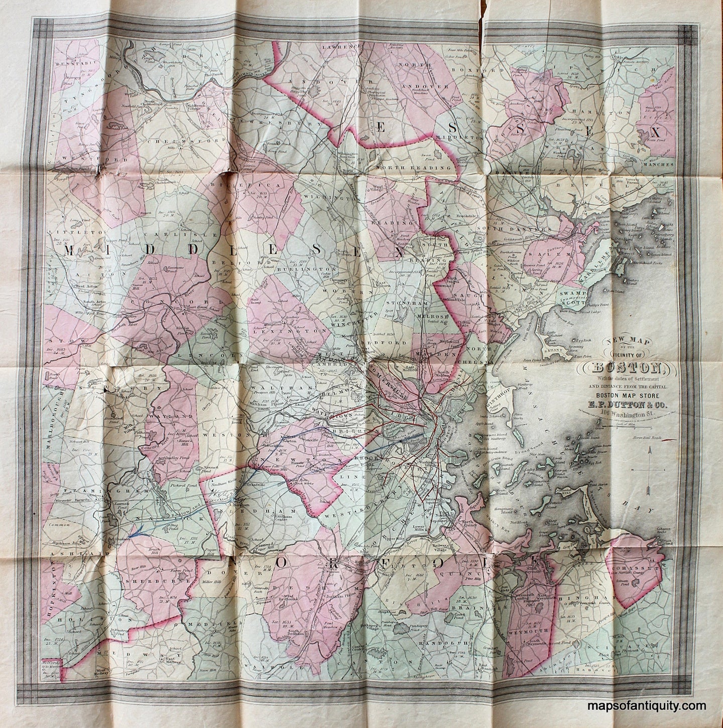 Antique-Hand-Colored-Folding-Map-New-Map-of-the-Vicinity-of-Boston-Towns-and-Cities-Boston-1860-Dutton-Maps-Of-Antiquity