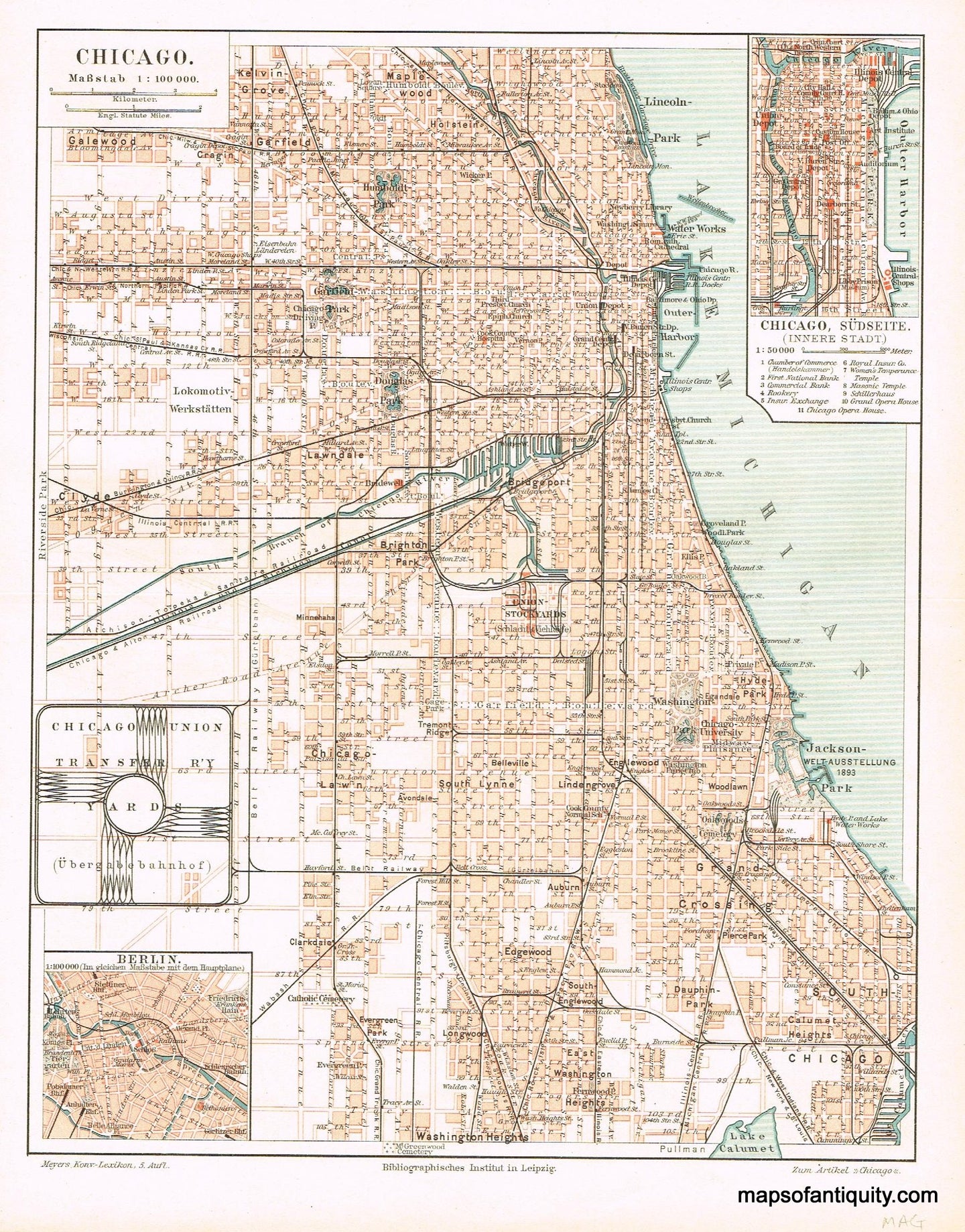 Antique-Map-Printed-Color-Chicago.**********-Towns-and-Cities-Chicago-1890-Meyers-Maps-Of-Antiquity