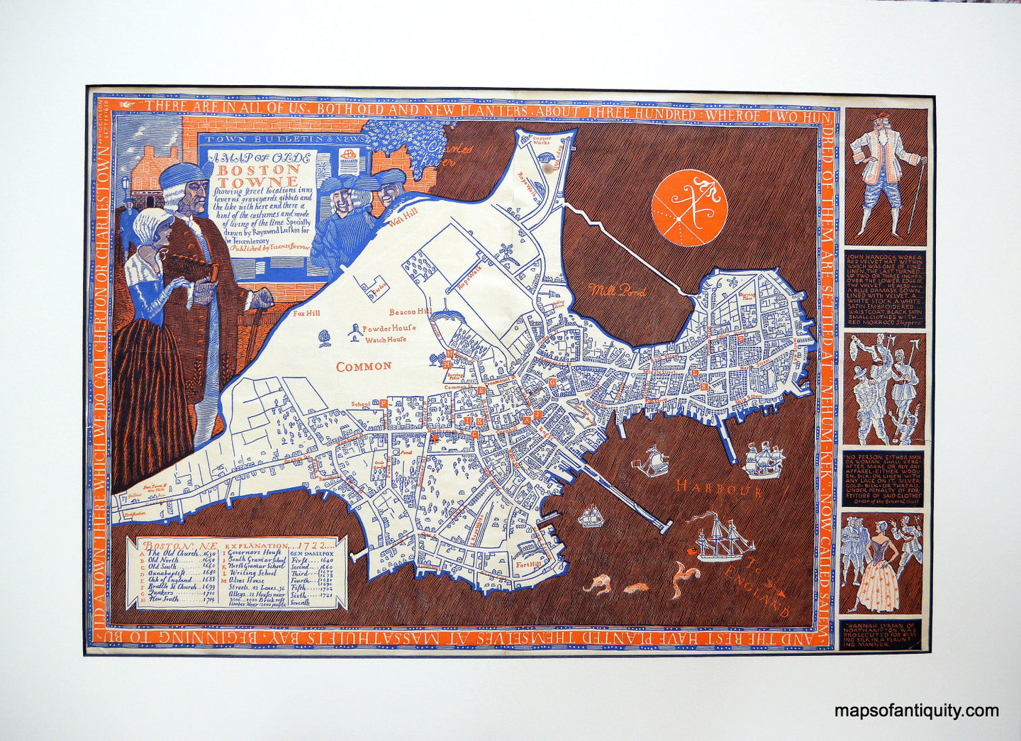 Printed-Color-Antique-Folding-Map-A-Map-of-Olde-Boston-Towne-United-States-New-York-1930-Raymond-Luskin-Maps-Of-Antiquity