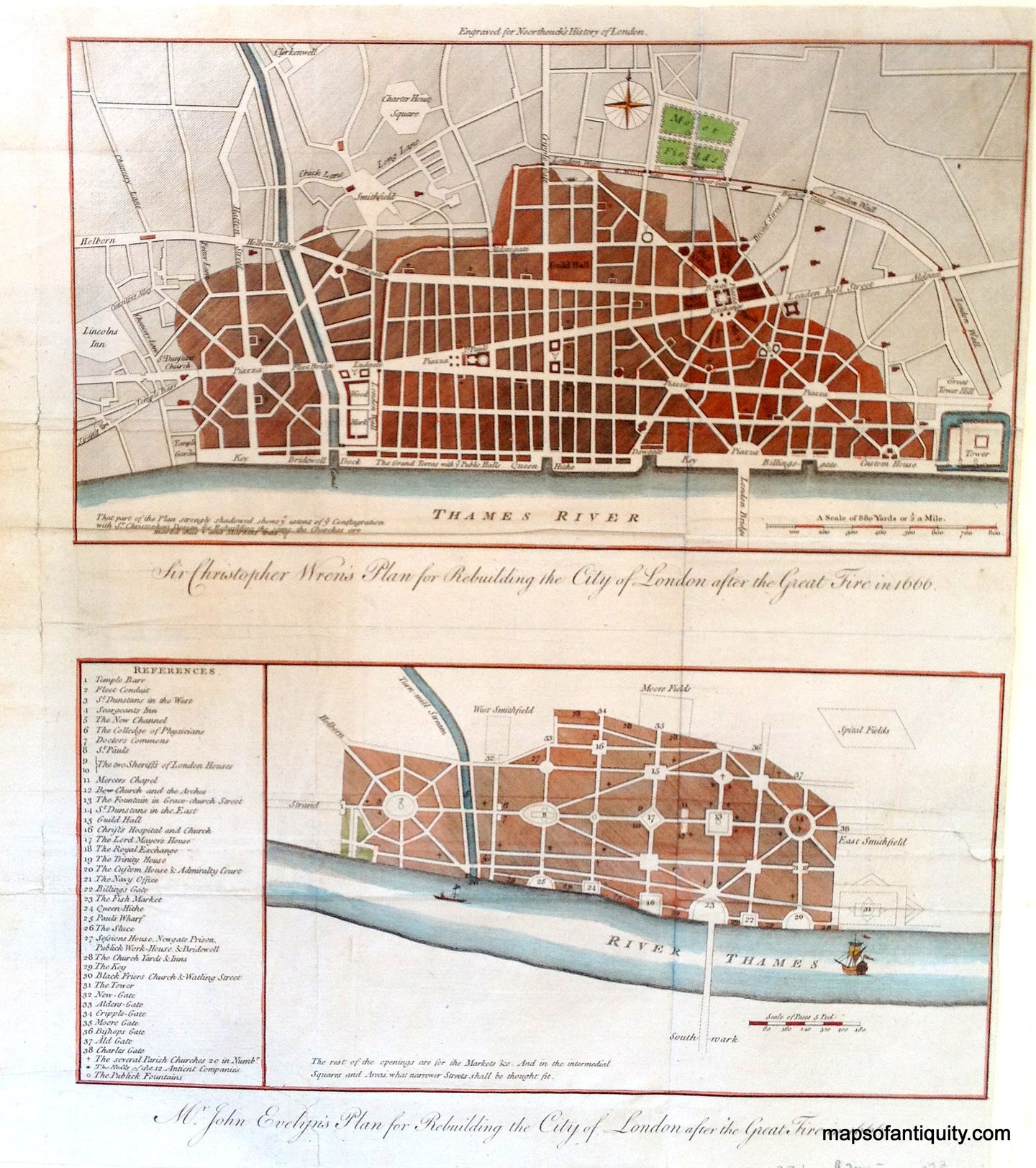 Antique-Hand-Colored-Map-Sir-Christopher-Wren's-Plan-for-Rebuilding-the-City-of-London-after-the-Great-Fire-in-1666/Mr.-John-Evelyn's-Plan-for-Rebuilding-the-City-of-London-after-the-Great-Fire-in-1666-******-Towns-and-Cities-Europe-1772-Noorthouck-Maps-Of-Antiquity