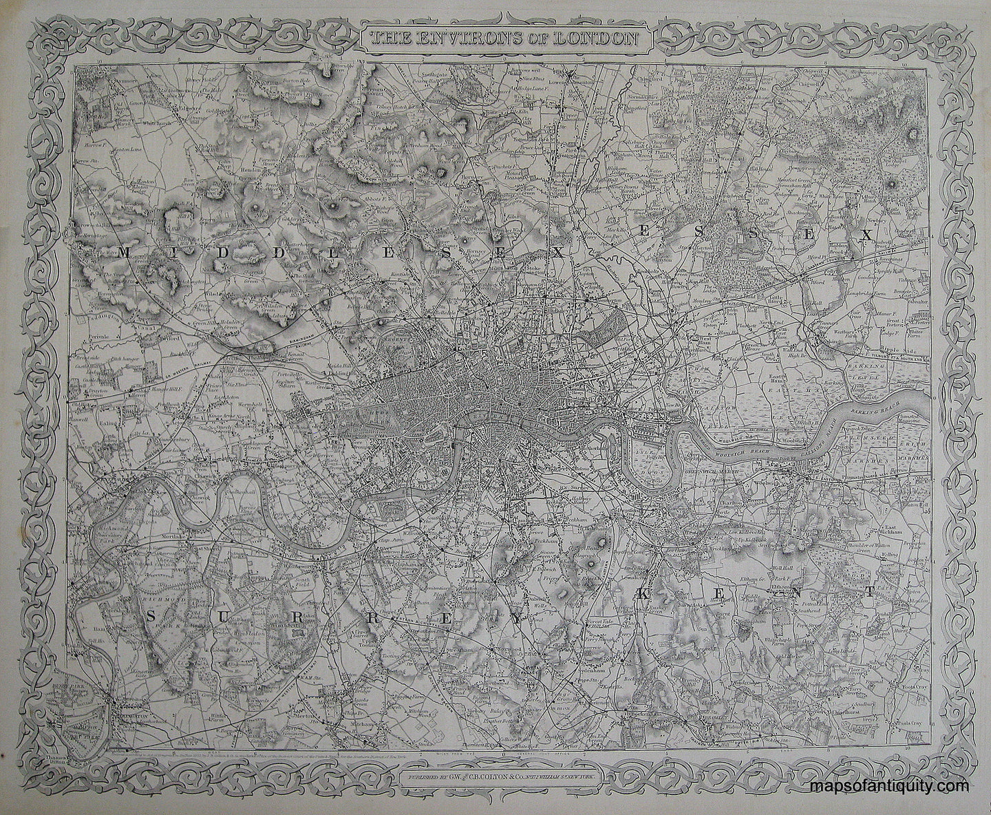Black-and-White-Antique-Map-The-Environs-of-London-**********-Europe-England-1871-Colton-Maps-Of-Antiquity