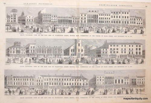 Antique-Black-&-White-Illustration-Panorama-of-East-Side-of-Washington-Street-Boston-Massachusetts-Boston-c.-1853-Gleason's-Maps-Of-Antiquity